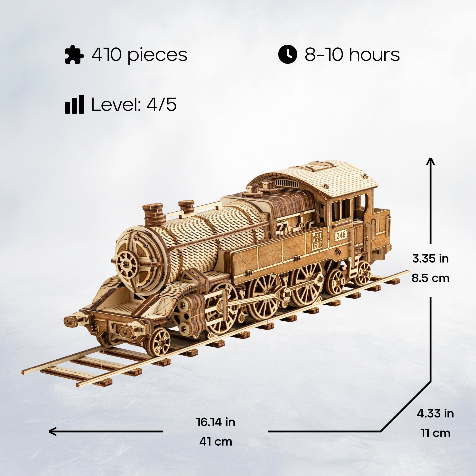 Wood Trick Grand Traveler 246 drewniany zestaw pociągów z koleją - przejażdżki do 6 m - zestaw modeli lokomotywy - drewniane puzzle 3D dla dorosłych do budowania - inżynieryjne modele DIY