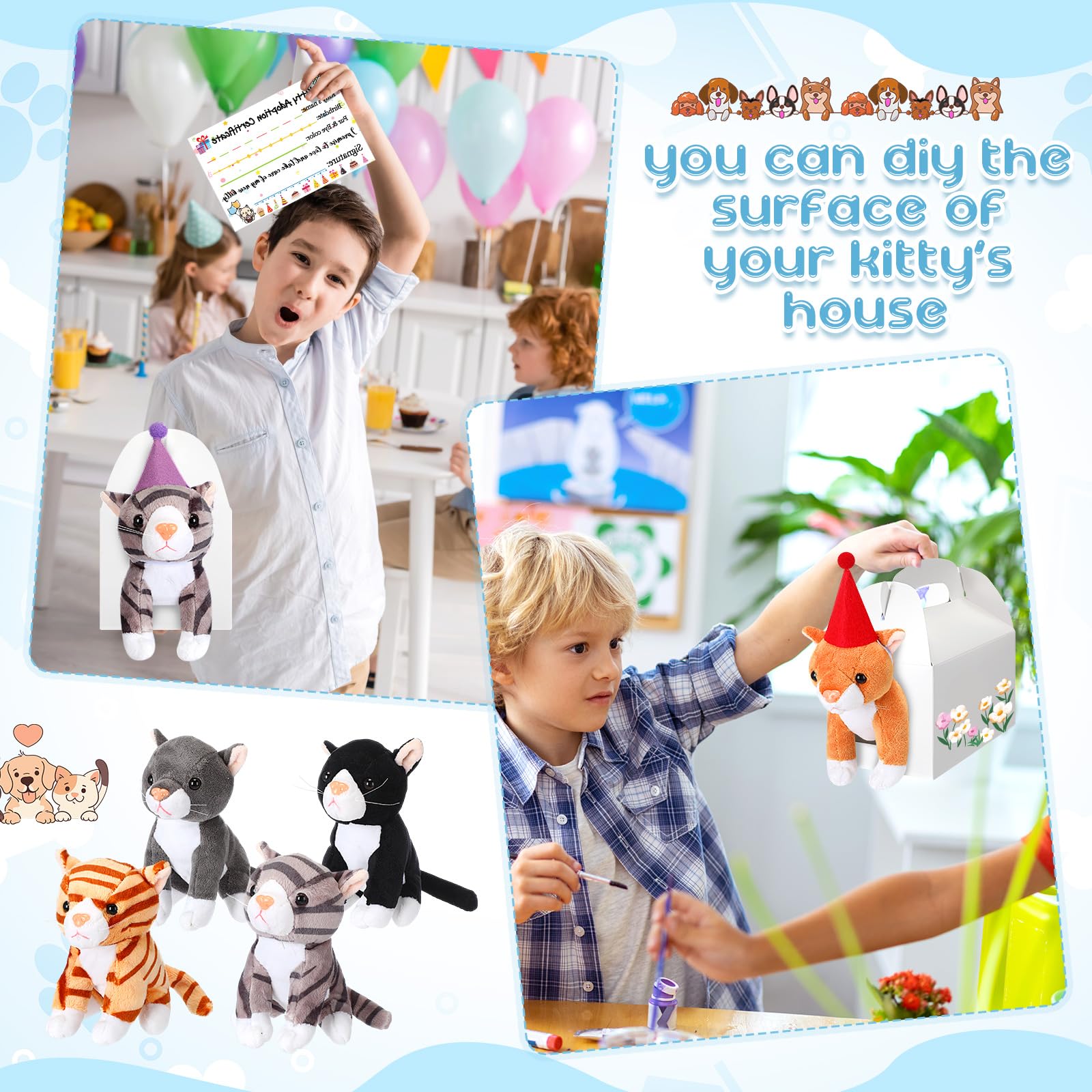 HyDren 25 piezas de regalos de fiesta de adoptar gato, incluye letrero de adoptar un gatito, 8 certificados de adopción de gatitos, 8 mini gatos de peluche, 8 sombreros de cumpleaños, 8 cajas de papel