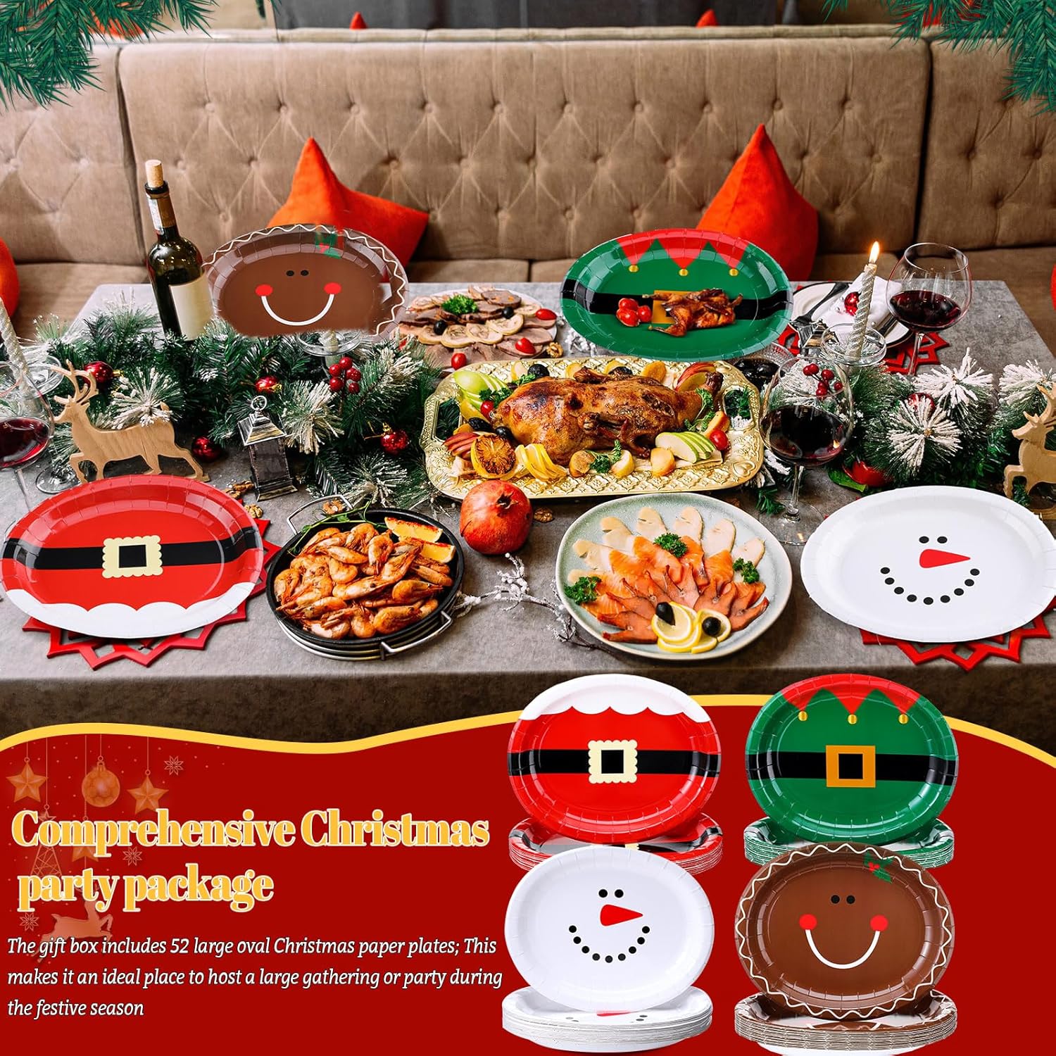Havawish 52 Pcs Santa Belt Christmas Oval Paper Plates Platters 10" x 12.5" Large Disposable Platters Santa Christmas Plates Red and Green Dinnerware Set Xmas Dinner Plates Table Decorations