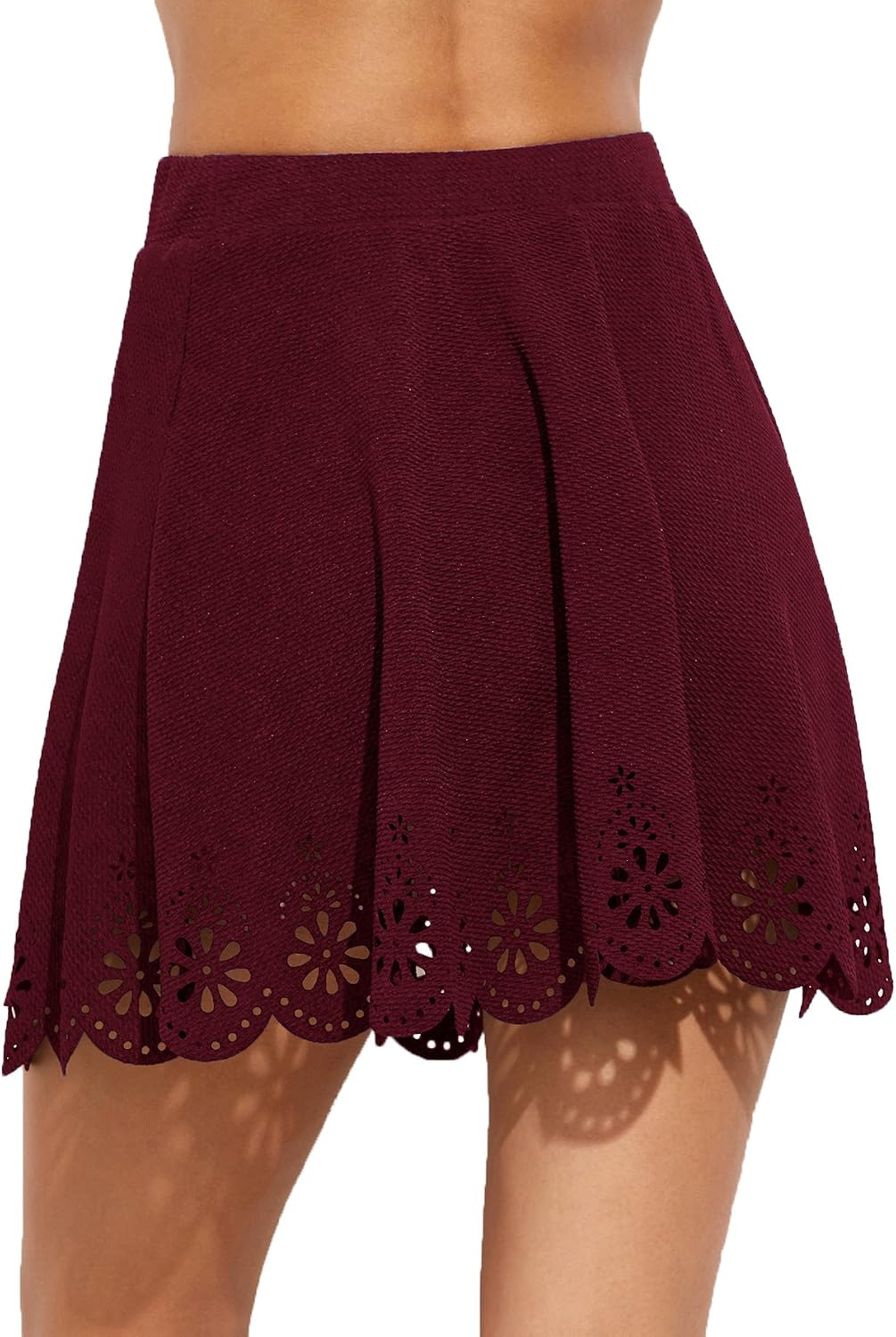 SheIn Women's Basic Solid Cutout Scallop Hem Flared Mini Skater Skirt Medium Burgundy
