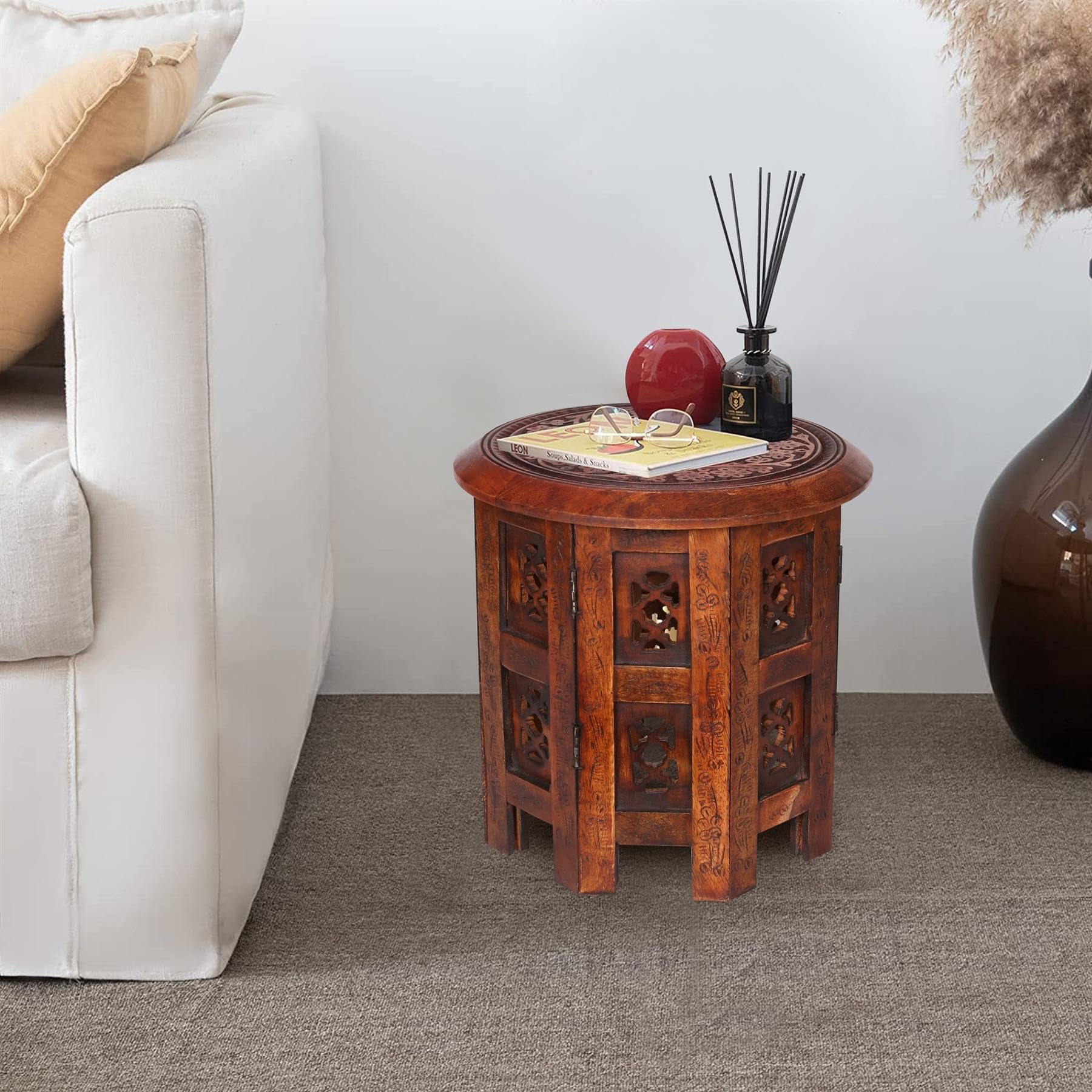 topfurnishing Beautiful Round Hand Carved Indian Shesham Wooden Coffee Table Side [Mahogany,Small 12"x12"x12" 30.5cm]