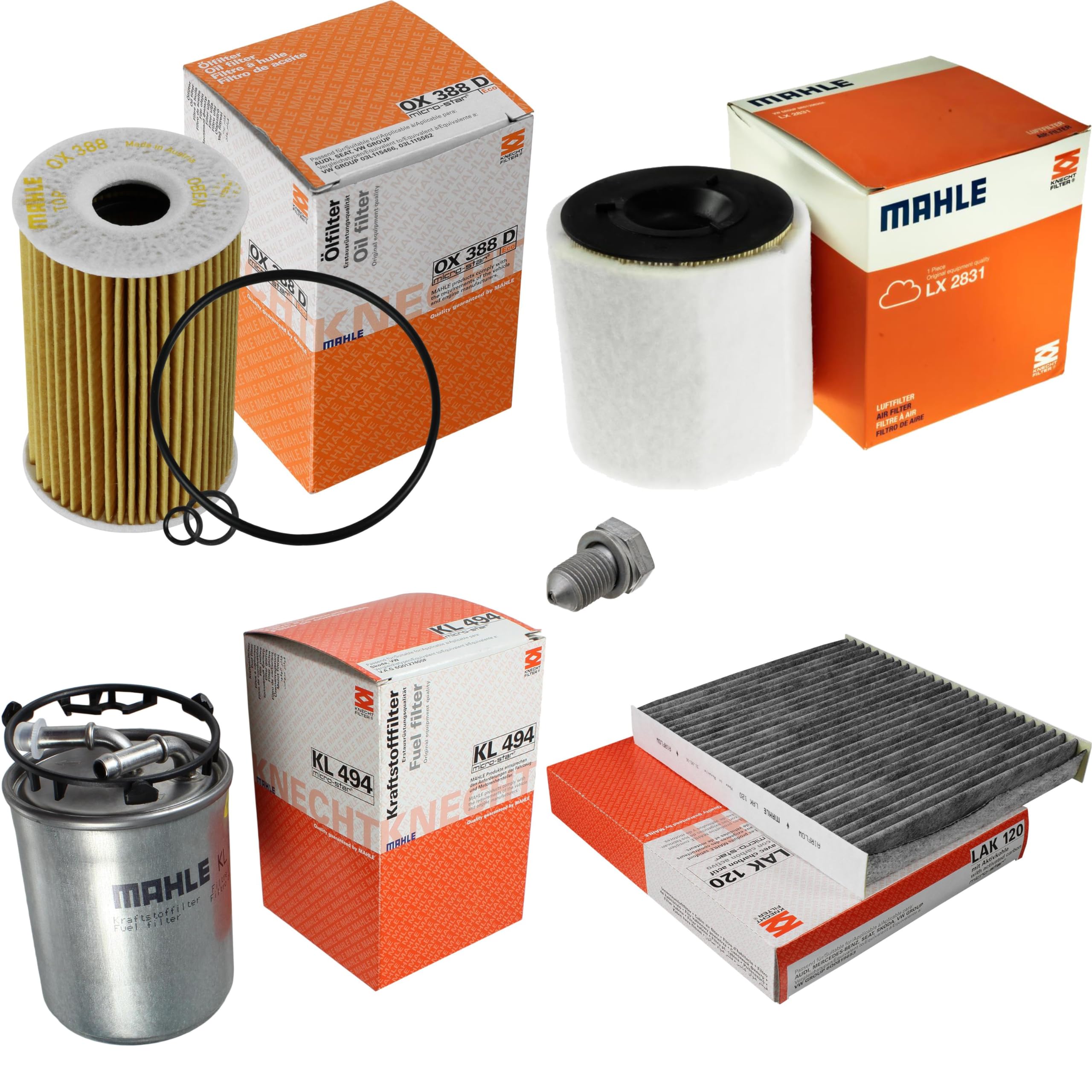 Paquete de inspección Kit de mantenimiento de filtros con filtro de aceite OX 388D, filtro de aire LX 2831, filtro de combustible KL 494, filtro de habitáculo (carbón activado) LAK 120, tornillo de