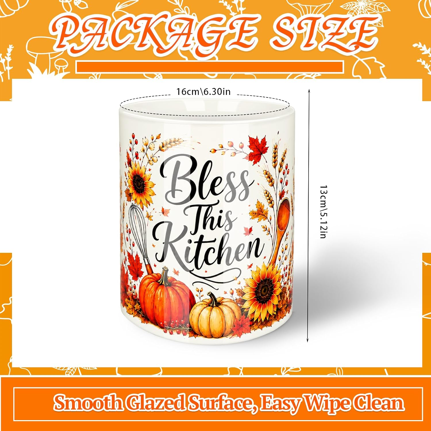 Fall Ceramic Utensil Holder for Kitchen Counter Autumn Utensil Crock with Pumpkin Sunflower Design for Farmhouse Thanksgiving Kitchen Decor
