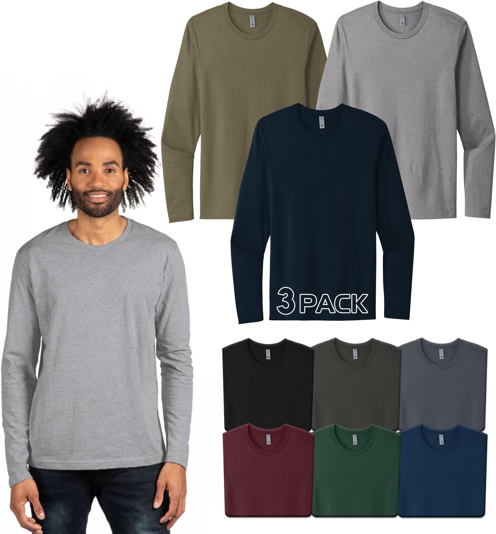 Next Level 3601 Multipack Men's Bundle Cotton Bulk Long Sleeve T-Shirt 3 Pack - Make Your Own Assorted Color Set, Large
