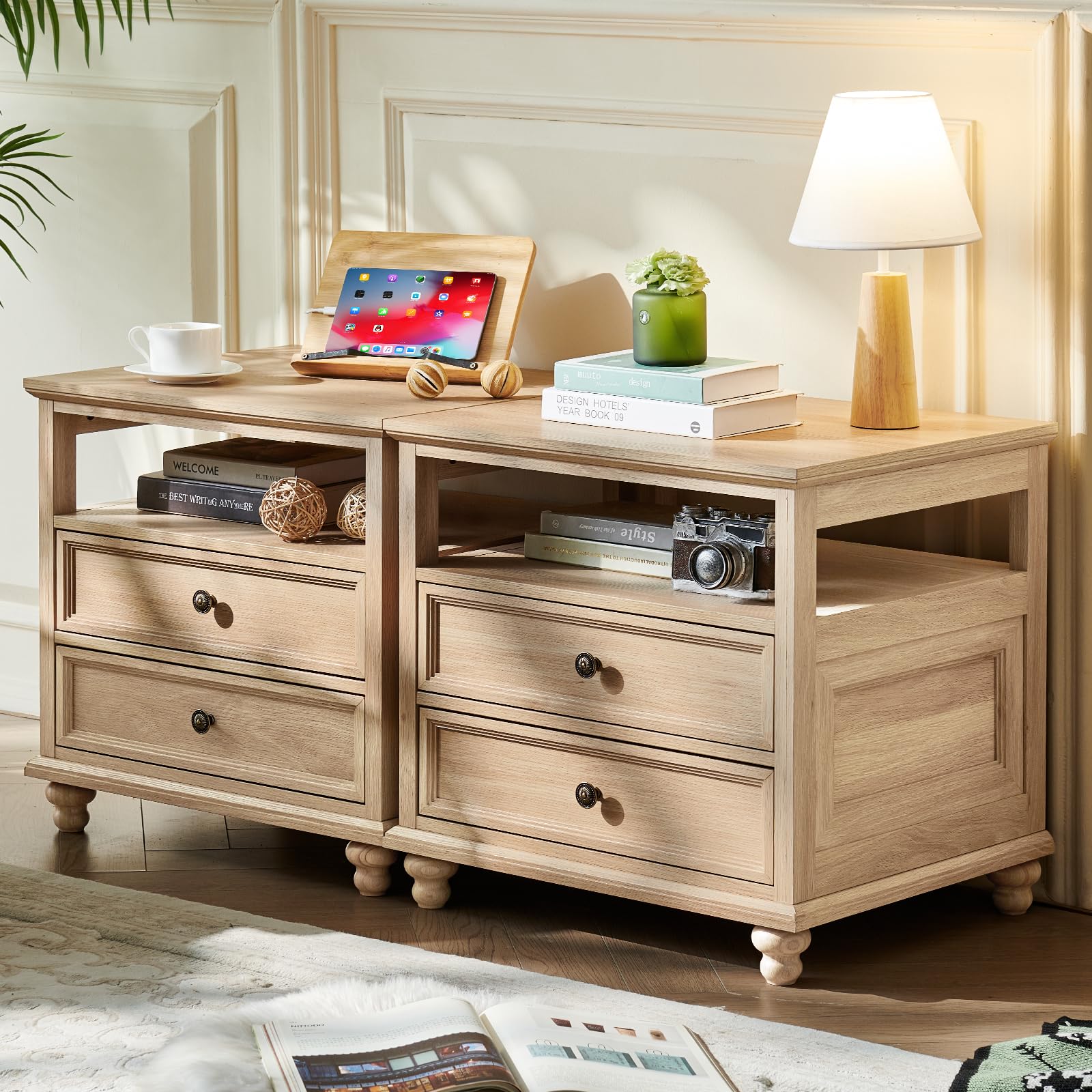 Joaxswe 24" Wide Farmhouse Night Stand Set of 2,Large End Table with 2 Drawers &amp; Metal Handle,Natural Wood Dresser for Bedroom, Bed Side Table Chest of Drawers Cabinet, Nightstand for Living Room
