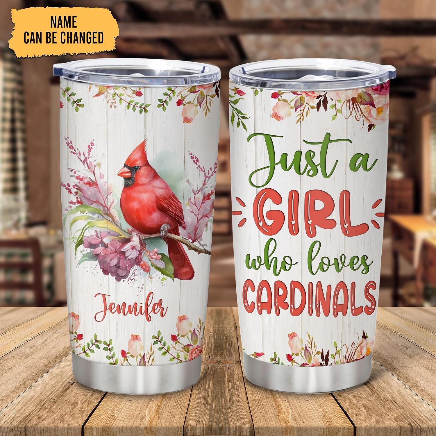 Hyturtle Personalized Gifts For Cardinal Lover - Just A Girl Who Loves Cardinals Custom Name Stainless Steel Tumbler 20oz With Lid - Idea Bird Animal lover Gift For Women Girl On Birthday, Christmas