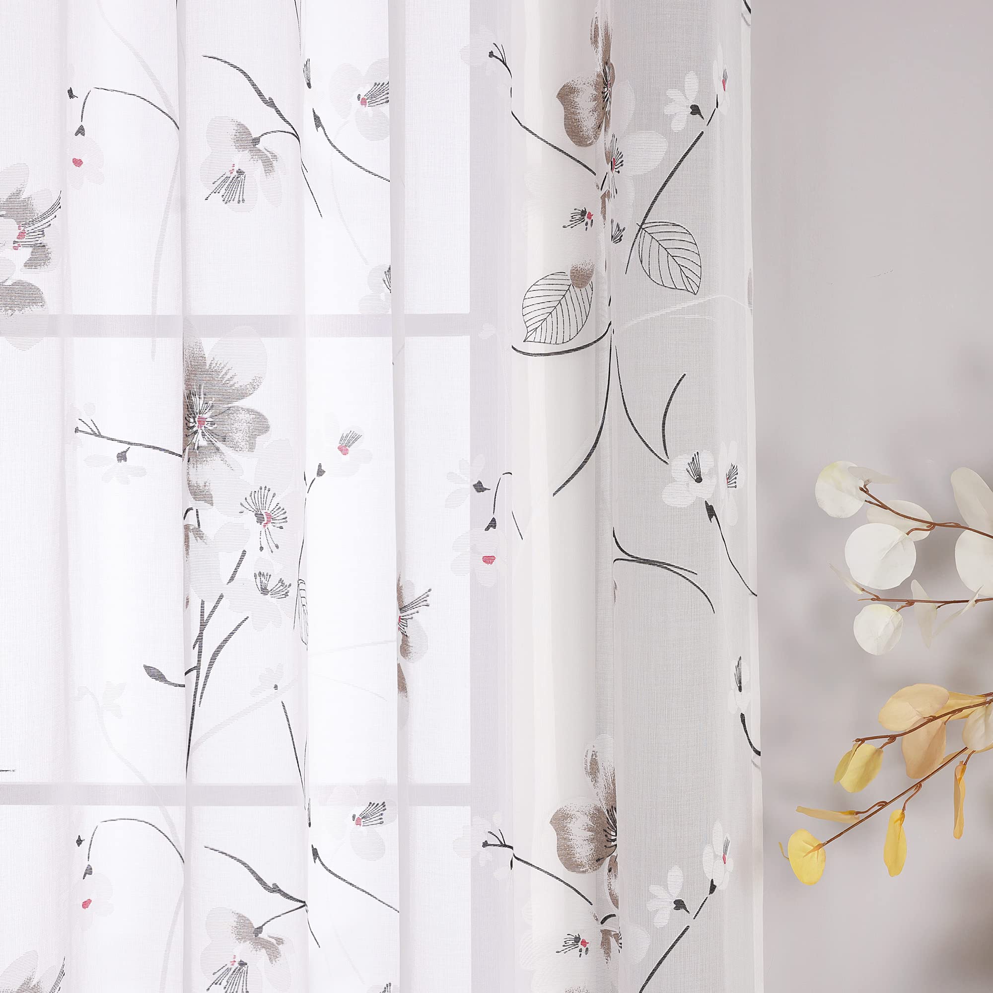 Delien Tenda in voile con fettuccia arricciata, motivo floreale, larghezza 140 x altezza 245 cm, bianco | 1 pezzo, elegante motivo floreale burnout, tenda trasparente, tenda per soggiorno, leggera, ariosa, moderna