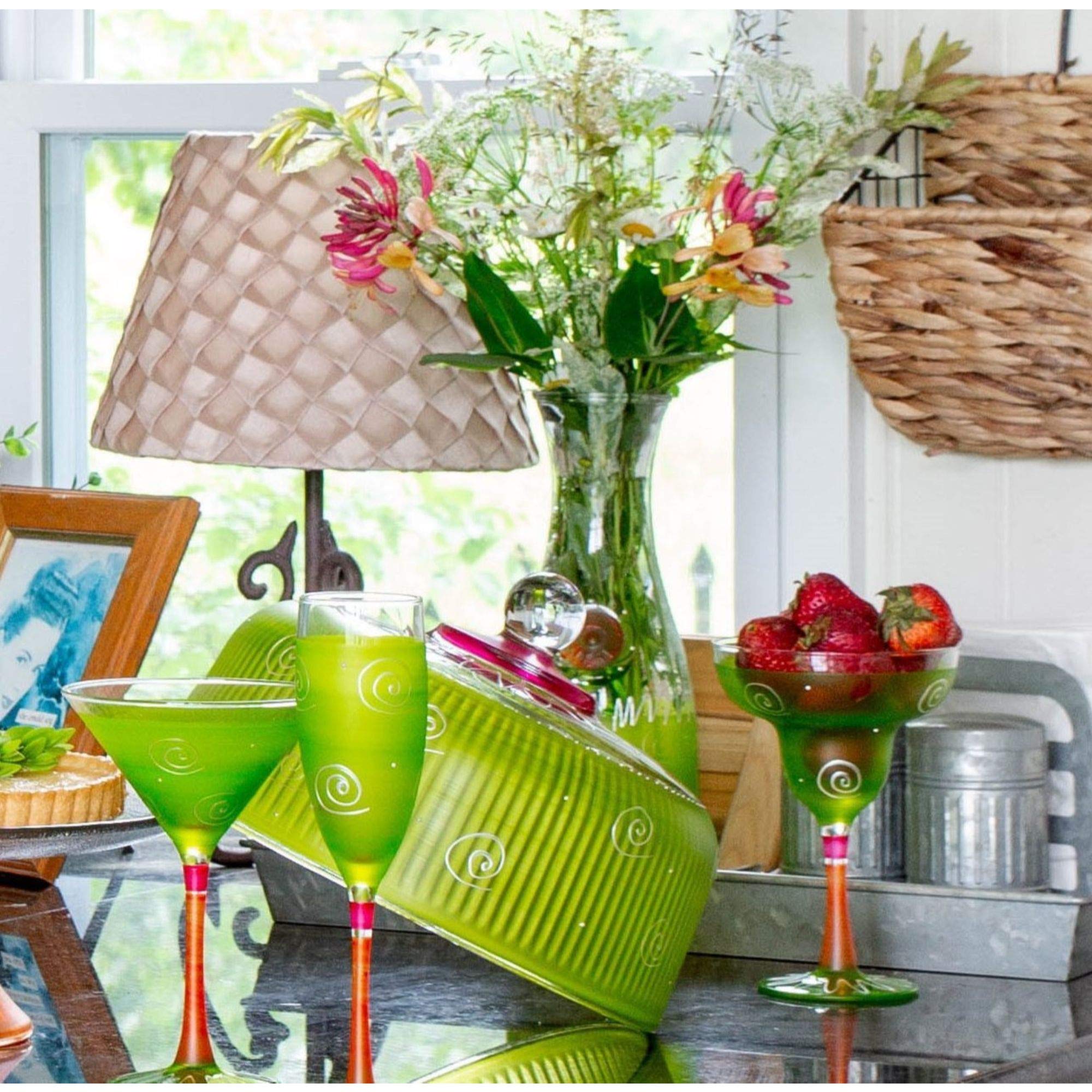 Set of 2 Light Green & White Hand Painted Margarita Drinking Glasses - 12 Ounces