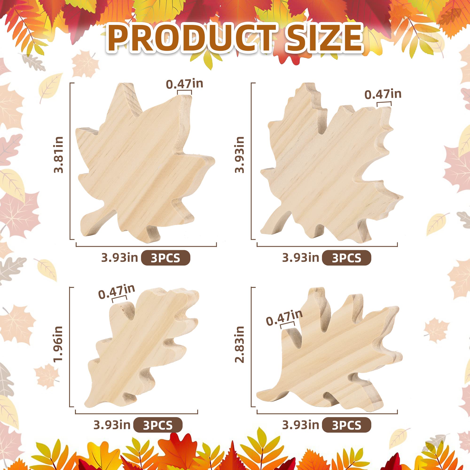 12 Pcs Fall Wood Maple Leaf Cutouts Unfinished Leaves Table Wooden Sign Autumn Thanksgiving Farmhouse Tiered Tray Decor 3D Harvest Wooden Block for DIY Craft Home Desk Office Party Decoration