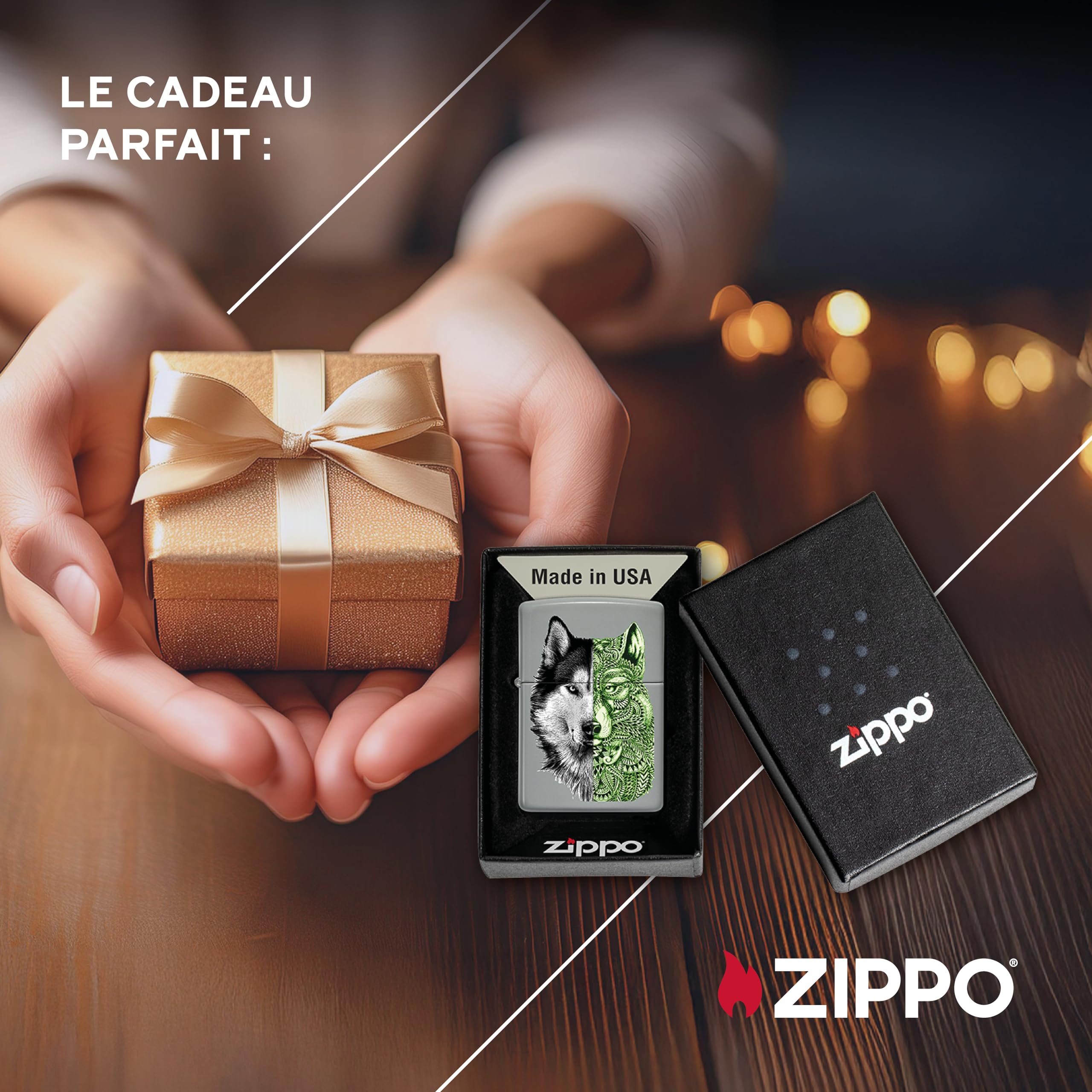 Zippo Briquet Tempête - Modèle Tattoo Wolf avec Color Image - Finition Grise Mate - Rechargeable - Réutilisable - Design Coupe-Vent - Coffret Cadeau - Fabriqué aux États-Unis