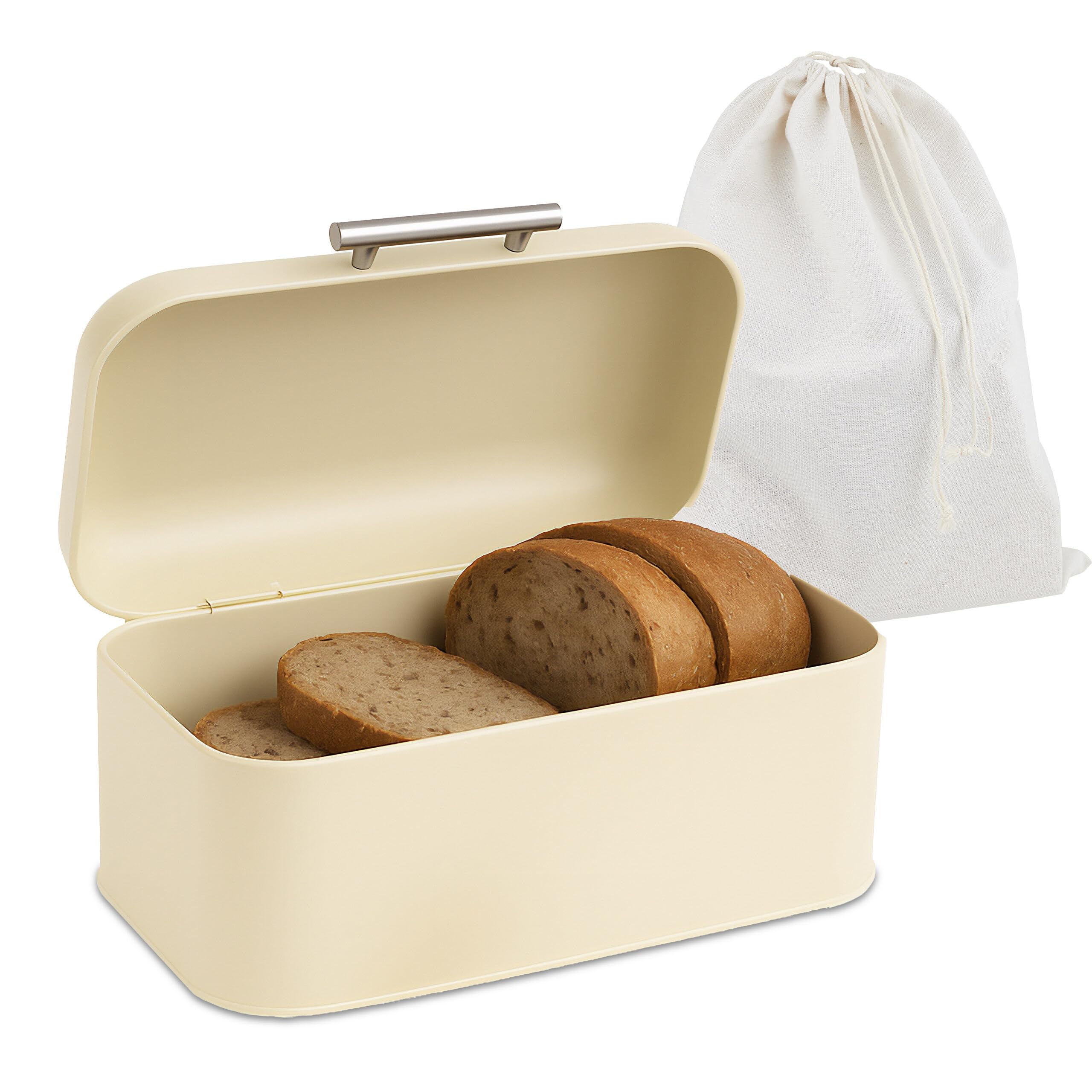 Relaxdays Beige Bread Bin With Bread Bag, Box With Lid And Handle, Hwd 15.5X30x21 Cm, Retro Design, Metal,