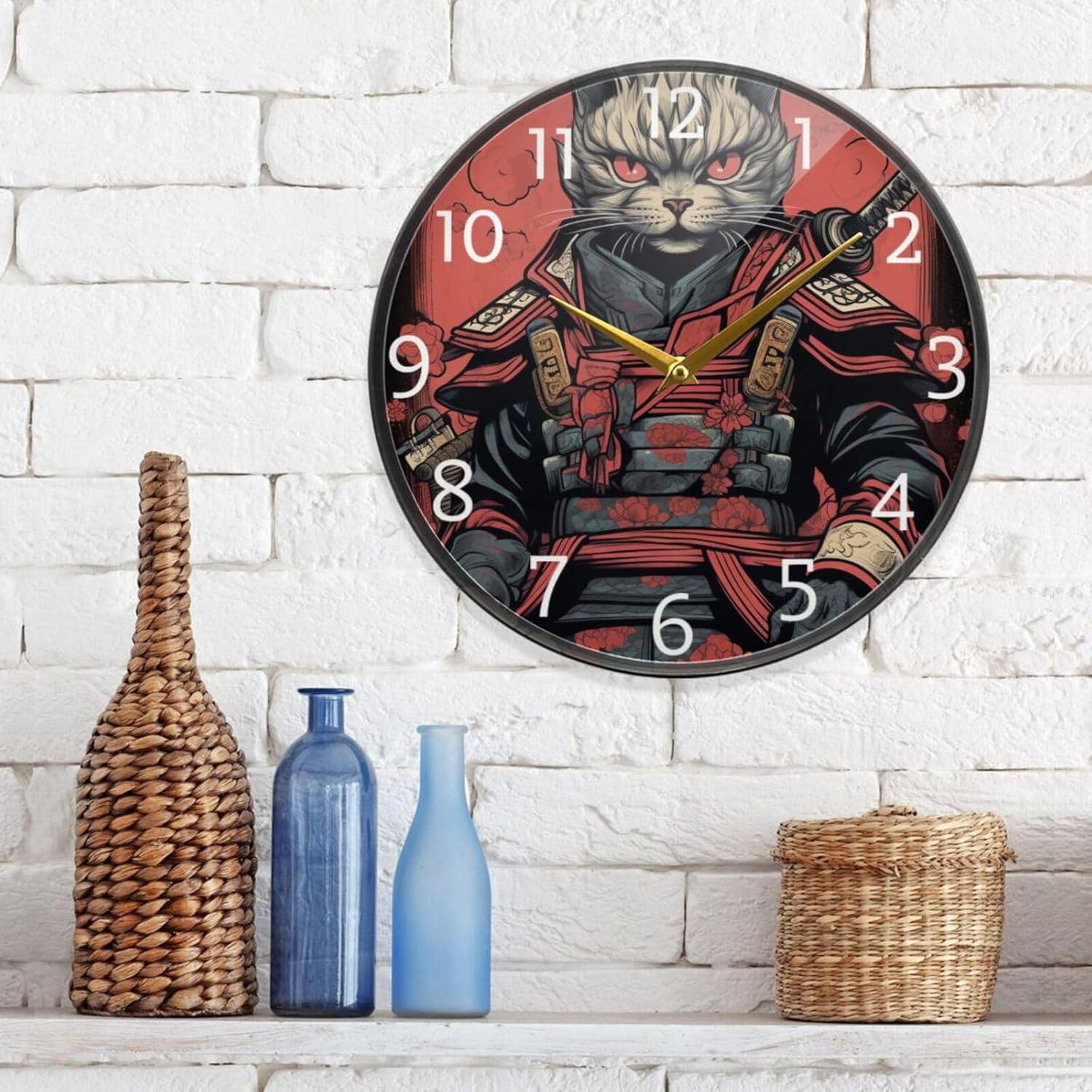 Decorative Wall Clock Cool Cat Samurai Picture 11.9 Inch Battery Operated Round Quiet Desk Clock for Bedroom Living Room Kitchen