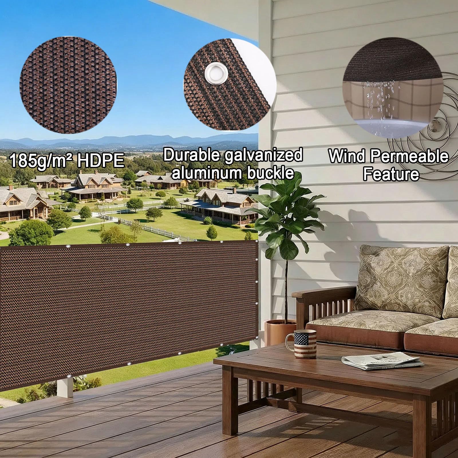 Frangivisto Balcone 170 x 350 cm in HDPE Anti-Uv Divisorio Parasole Paravento Protezione Privacy Respirante Copertura per Balcone per Recinzioni Ringhiera Terrazzo, Marrone