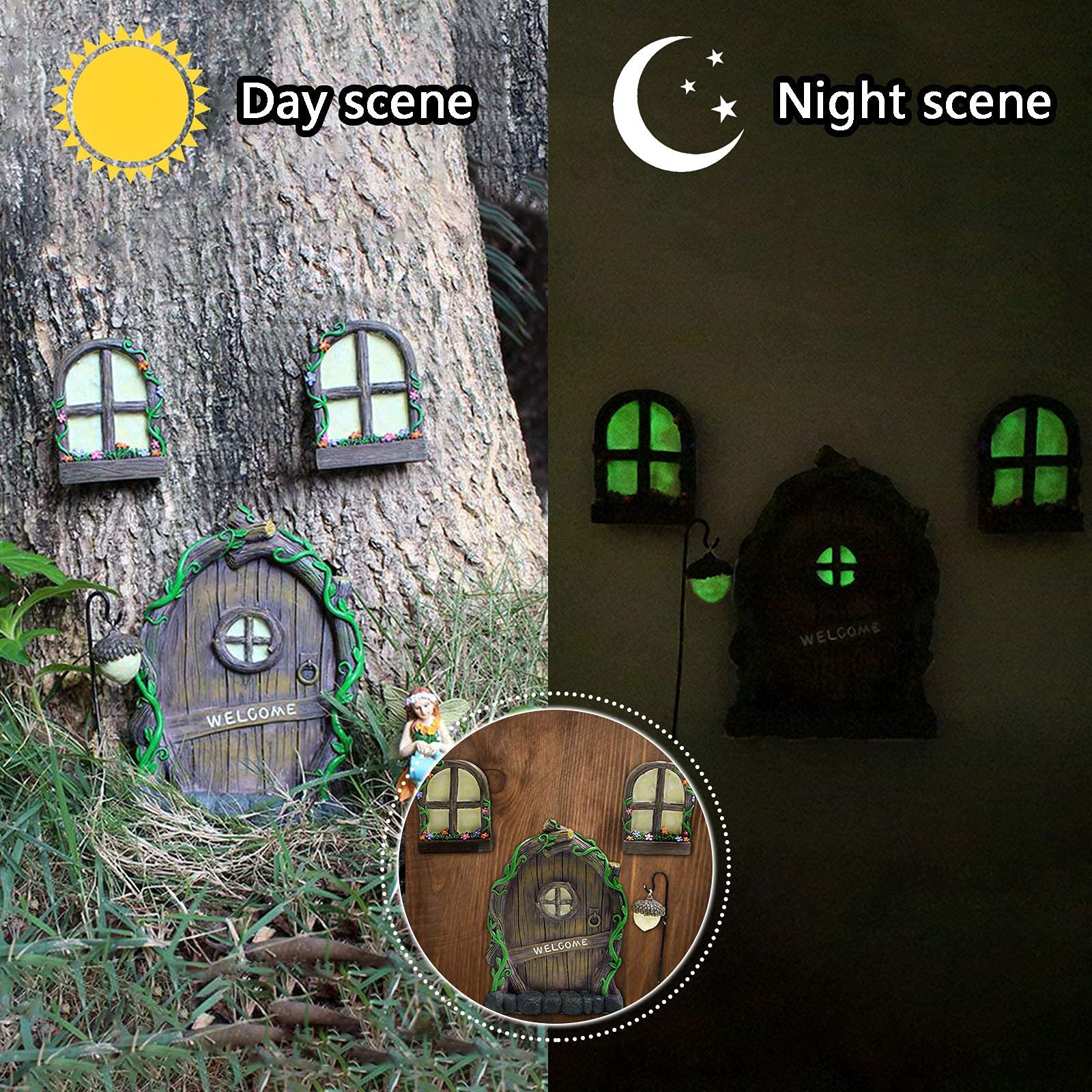 Pumwoy Portes Et Fenêtres Fée Miniatures Lumineuses - Décoration Jardin Arbre Gnomes Fées Qui Brillent Dans Le Noir