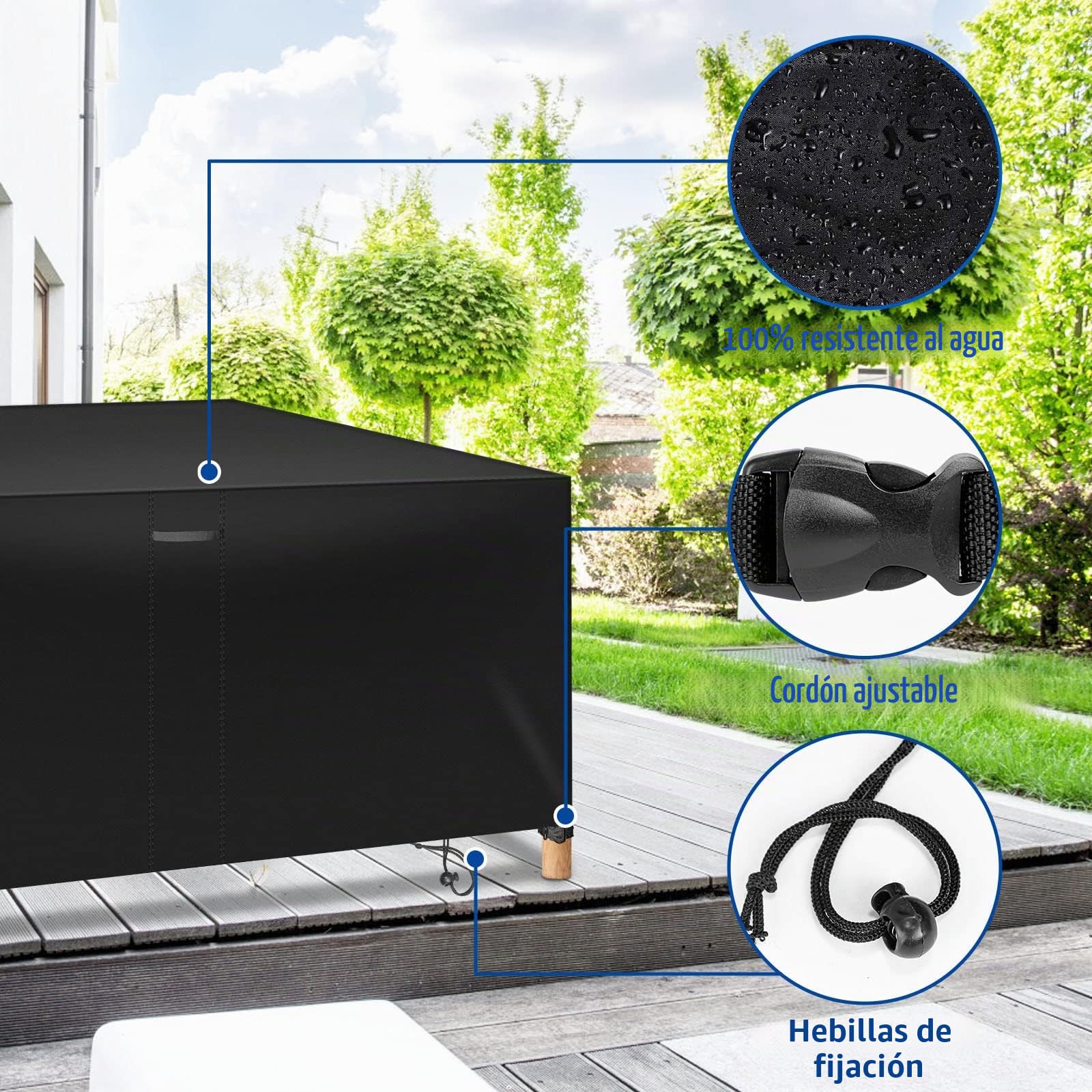 Funda para Muebles de Jardín, Funda Mesa Exterior Impermeable Cubre Muebles Exterior, Paño de Oxford 420D, funda protectora para mesas de jardín y juegos de muebles (242 x 162 x 100 cm)