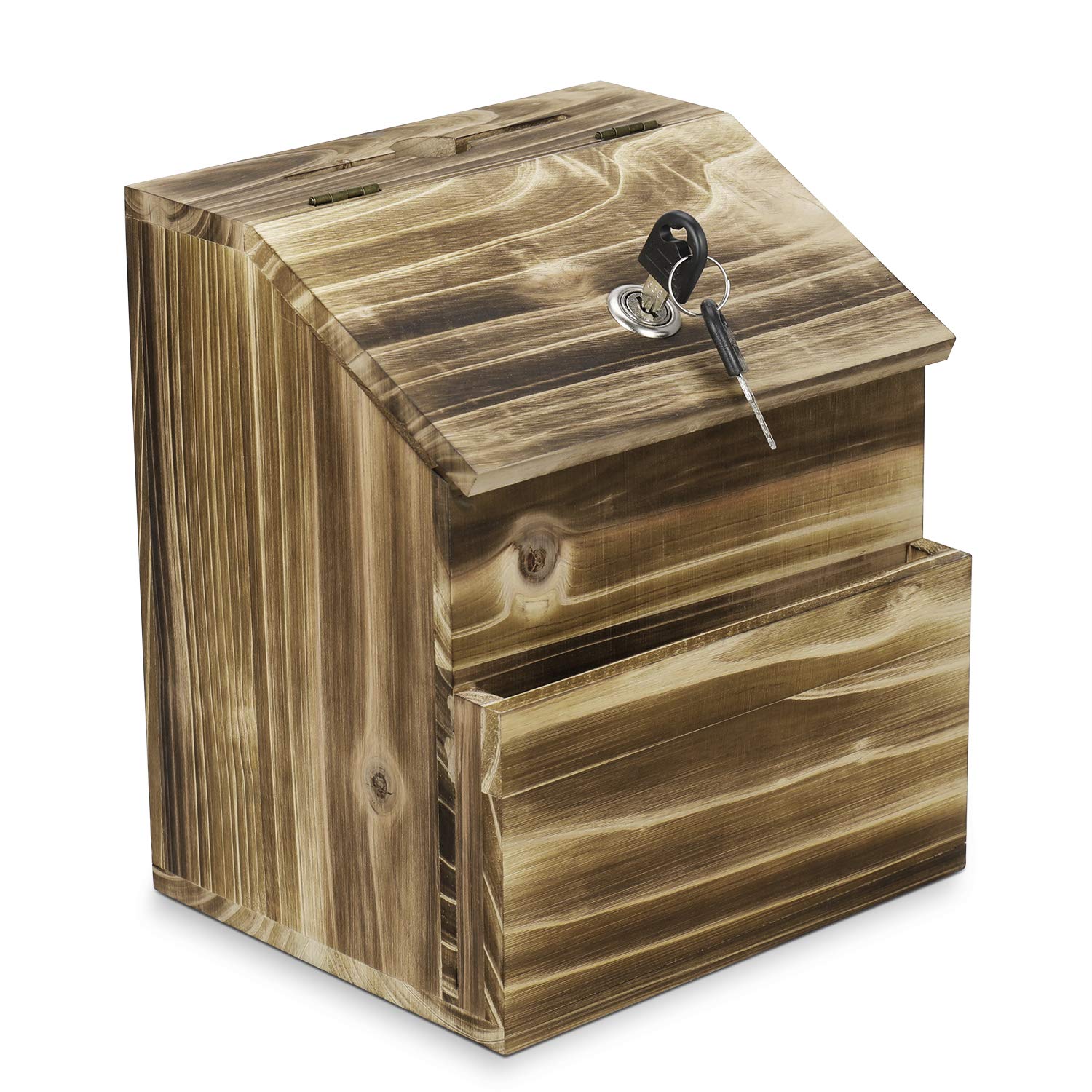 Flexzion Wooden Lockable Suggestion Box with Key Lock Lid, Wall Mounted