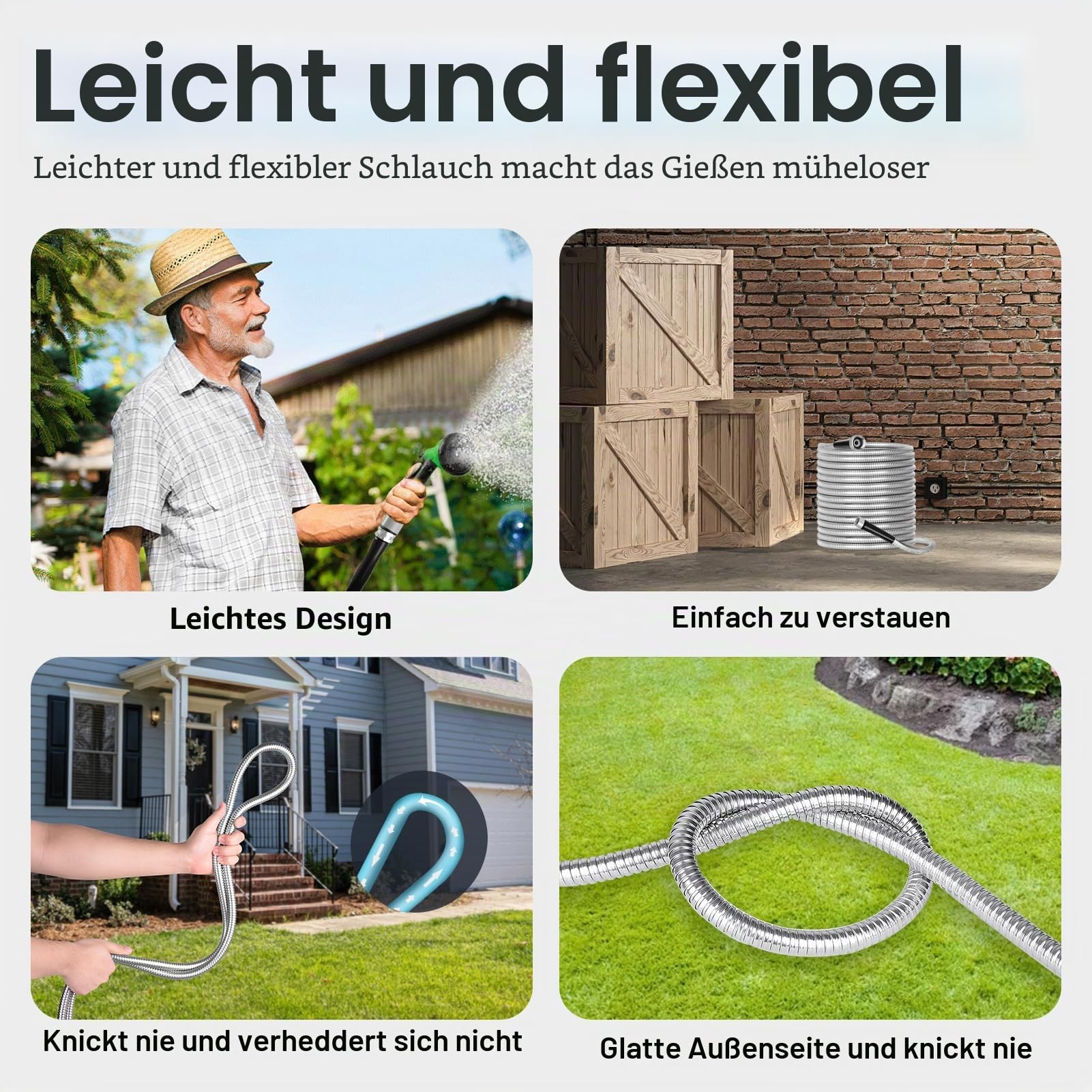 Gartenschlauch Flexibel 30m, 304 Edelstahl Wasserschlauch Garden Hose | 10 Sprühfunktionen, Flexibler, Außenbereich, Lnnenhöfe, Garten, Haustier, Autowäsche
