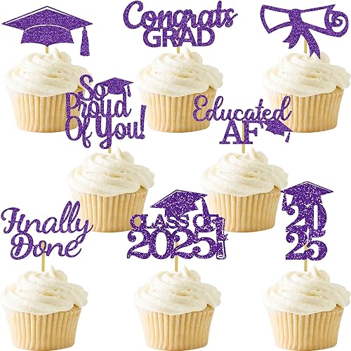 48 piezas de decoración de cupcakes de graduación con purpurina para clase de graduado, felicitaciones, ideas de decoración de fiesta, color morado