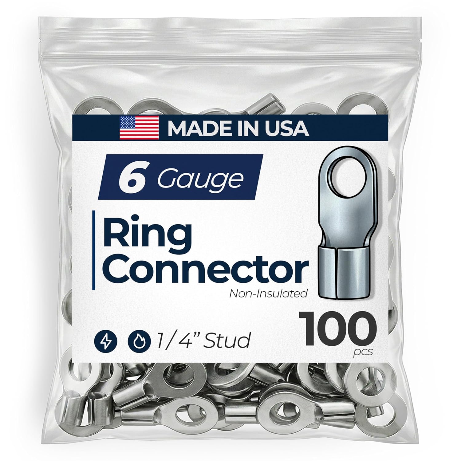 Sherco-Auto 100 Pack - High Temp Non-Insulated Ring Connector - 6 Gauge 1/4" Stud - 600 Volts Rated Nickel-Plated Steel & V-Grooves Serrations for Strong Crimps & Corrosion Resistance - Made in USA