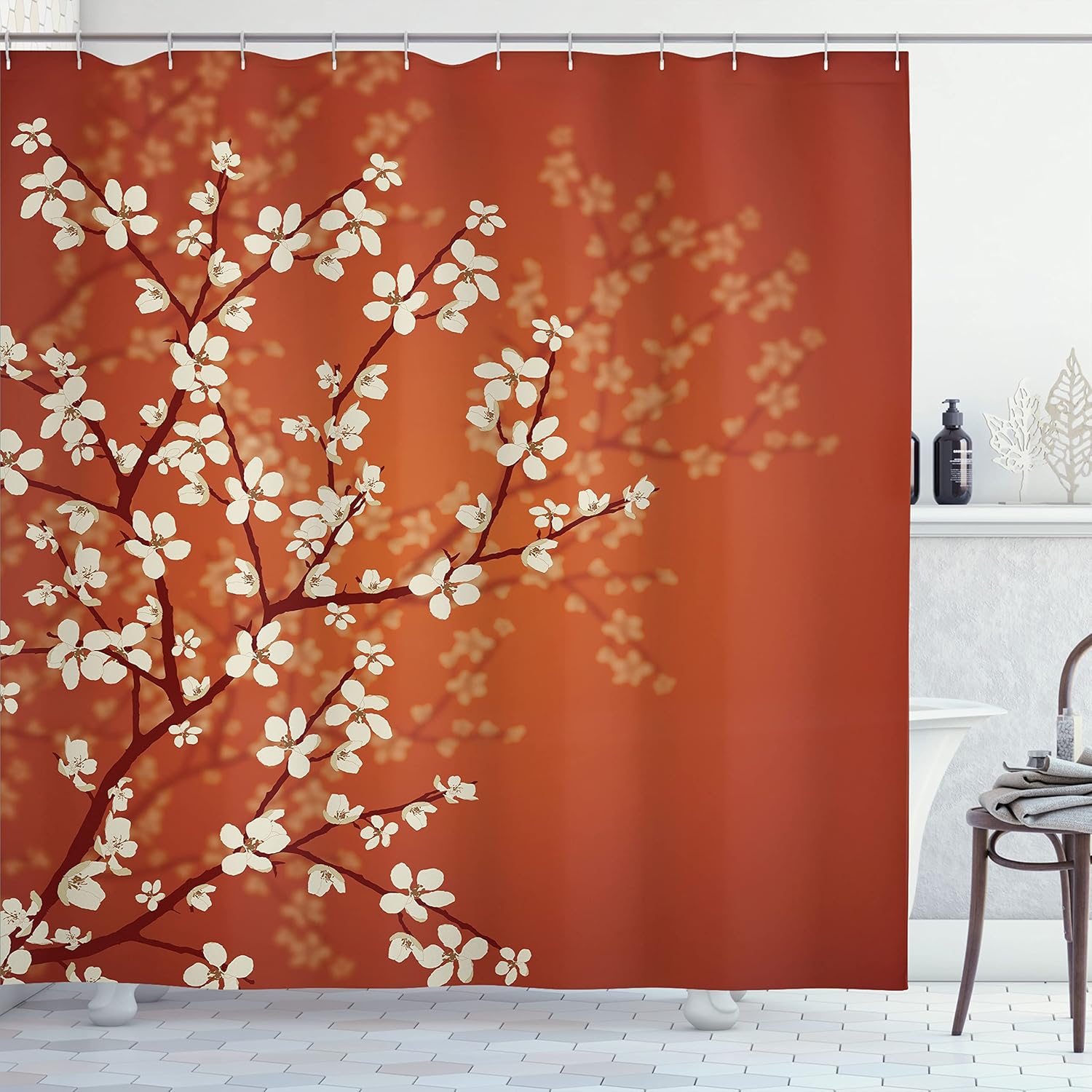 Ambesonne Japanese Shower Curtain, Spring Season Sakura Bloom Design Romantic Cherry Blossom on Blurry Branches, Cloth Fabric Bathroom Decor Set with Hooks, 69" W x 70" L, Burnt Orange