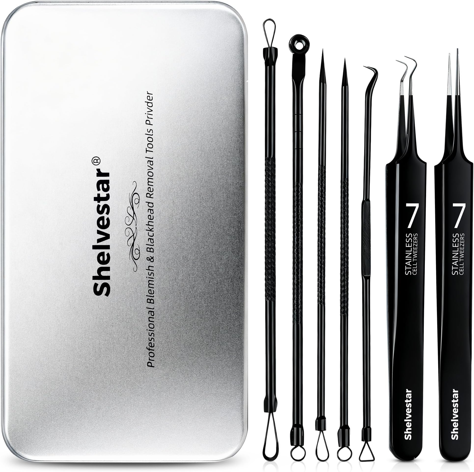 Shevlestar Blackhead Remover Tool Comedones Extractor Acne Removal Kit for Blemish, Whitehead Popping, 7 Pcs Zit Removing for Nose Face Tools Black