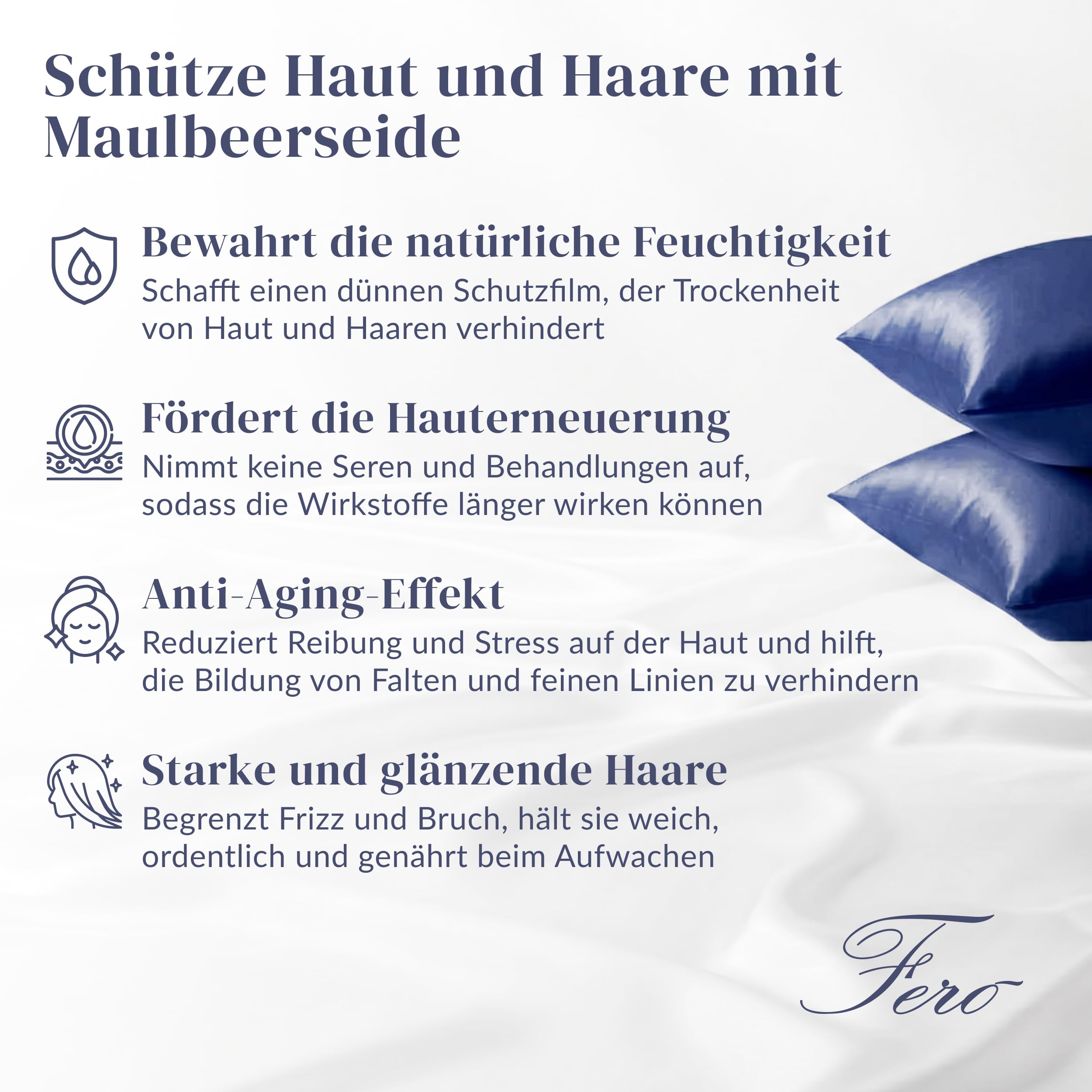 Ferò Kissenbezug Seide 40x80 cm Blau, aus 100% natürlicher Maulbeerseide, 22 Momme Grad 6A, Oeko-TEX Zertifiziert, Seidenkissenbezug Hypoallergen für Haar und Haut, Luxuriöse Geschenkidee