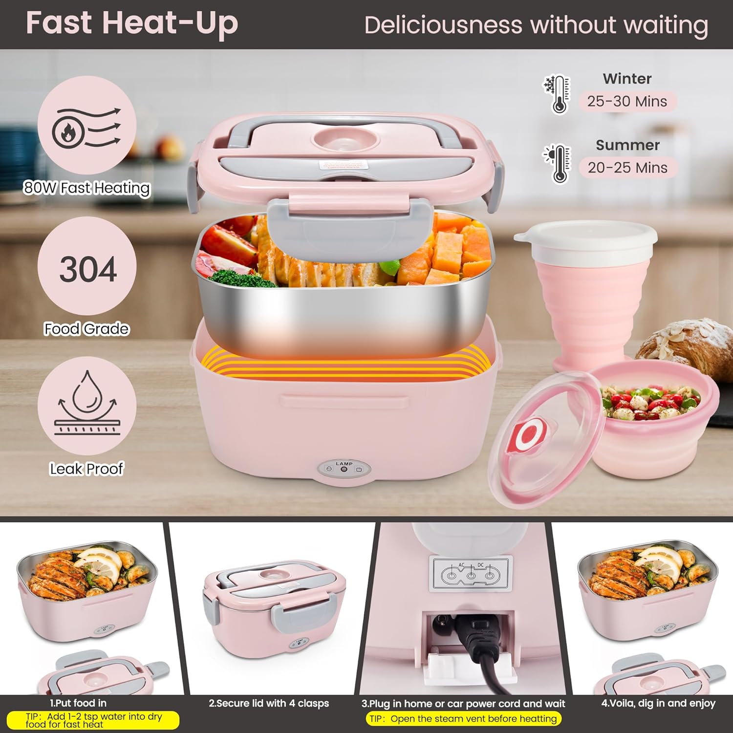 AOSION Electric Lunch Box for Adults, Heated Lunch Box 3-IN-1 80W Self Portable Food Warmer for Car/Truck/Office, Upgraded Lunch Box Leak-Proof Stainless Steel Container, Gifts for Women (Pink) - Image 2