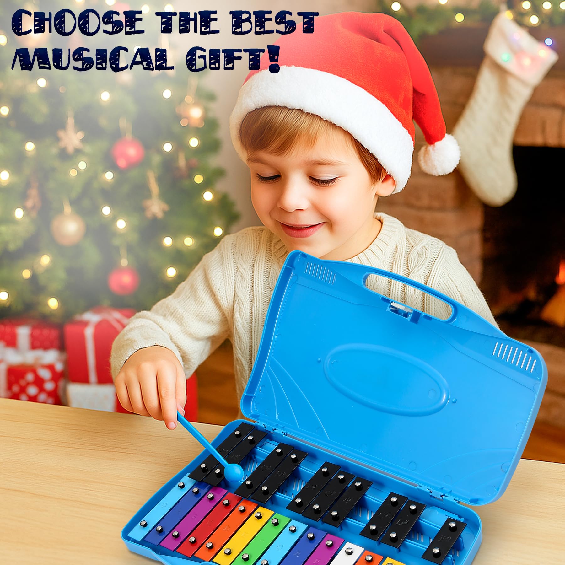MINIARTIS Glockenspiel Xylophone | 25 Note Colorful Metal Keys Xylophone for Kids | Percussion Musical Instrument | Educational Music Toy Includes Music Songbook, Mallets and Blue Carry Case