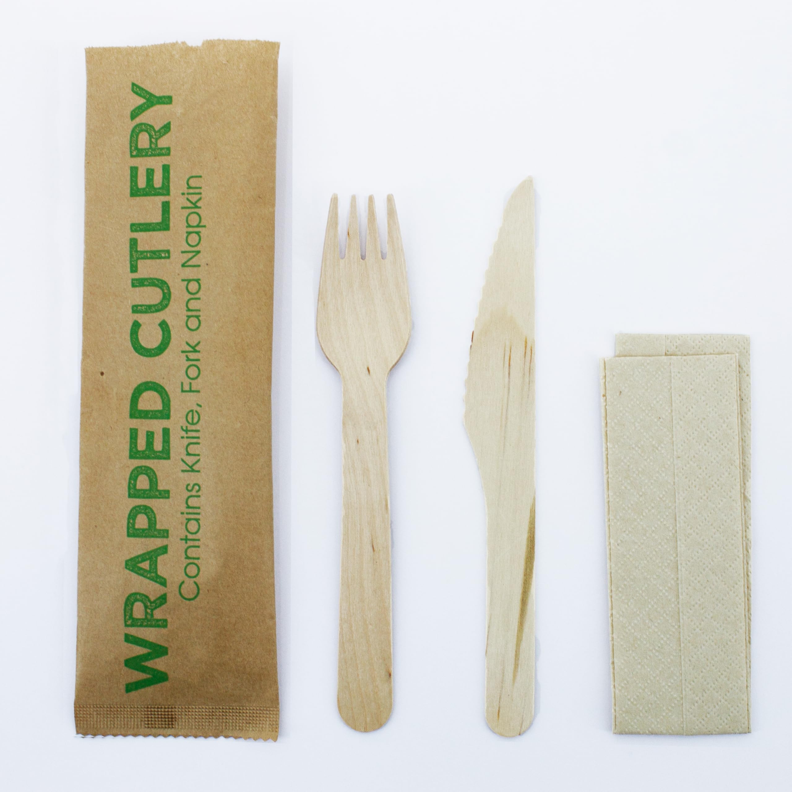 Caterpack Enviro Range Set di posate confezionate, realizzate in legno di betulla di provenienza sostenibile, compostabili e biodegradabili, ogni set contiene coltello, forchetta e tovagliolo