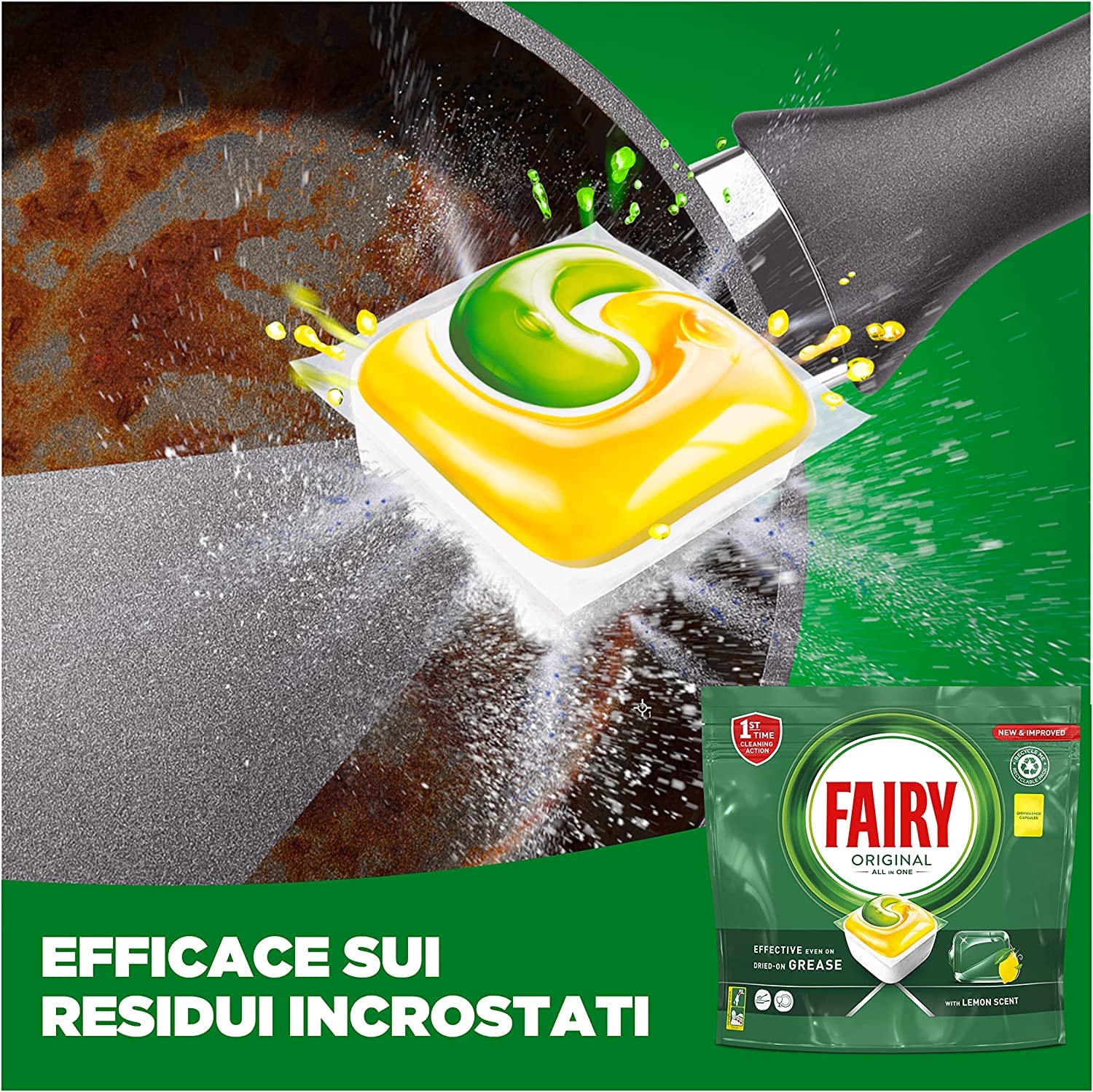 Fairy Original Pastiglie Lavastoviglie, 100 Capsule, Limone, Detersivo Con Azione Pulente Al Primo Lavaggio, Efficace Sul Grasso Incrostato Con Azione Brillante