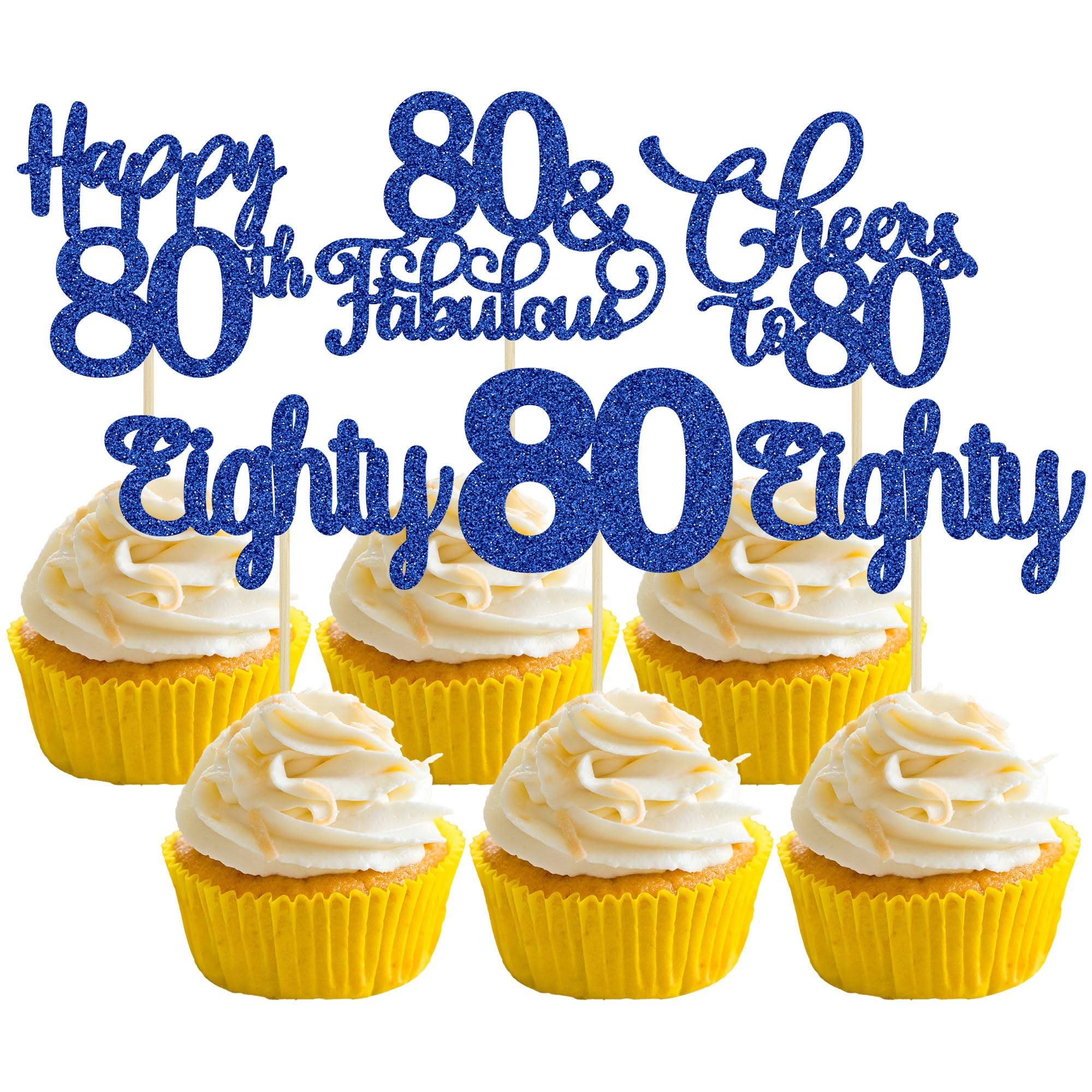 30 Pack Happy 80th Birthday Cupcake Toppers Dark Blue Glitter Eighty Cheers to 80 Years Old Birthday Cupcake Picks for Happy 80th Anniversary Party