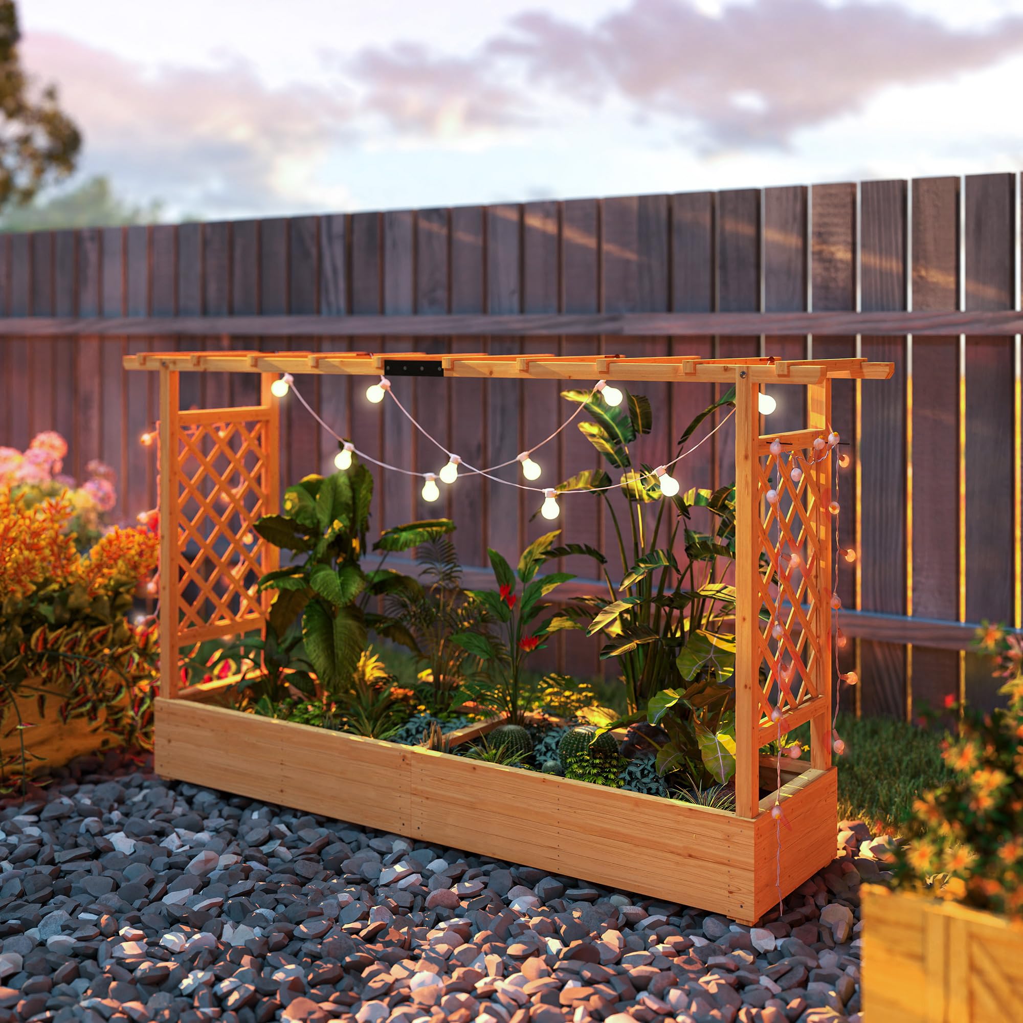 Outsunny Jardinière Surélevée avec Treillis Latéral et Supérieur, bac à Fleurs, lit surélevé Trous de Drainage, pour Plantes grimpantes, Fleurs, extérieur, Bois Massif, 200x44x113,5cm, Bois Naturel