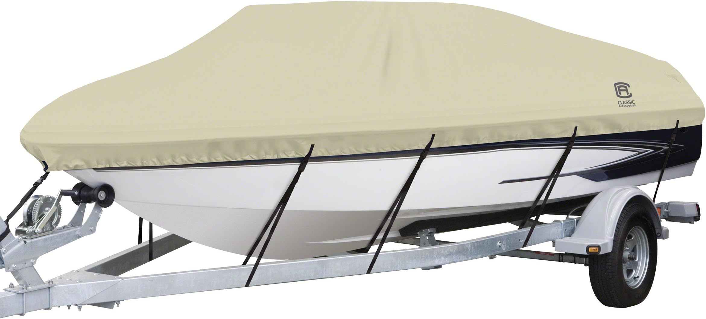 Classic Accessories DryGuard Waterproof Boat Cover, Fits Boats 20' - 22' L x 106" W, Trailerable Boat Cover with Bow, Windshield and Stern Reinforcement Panels, Model E