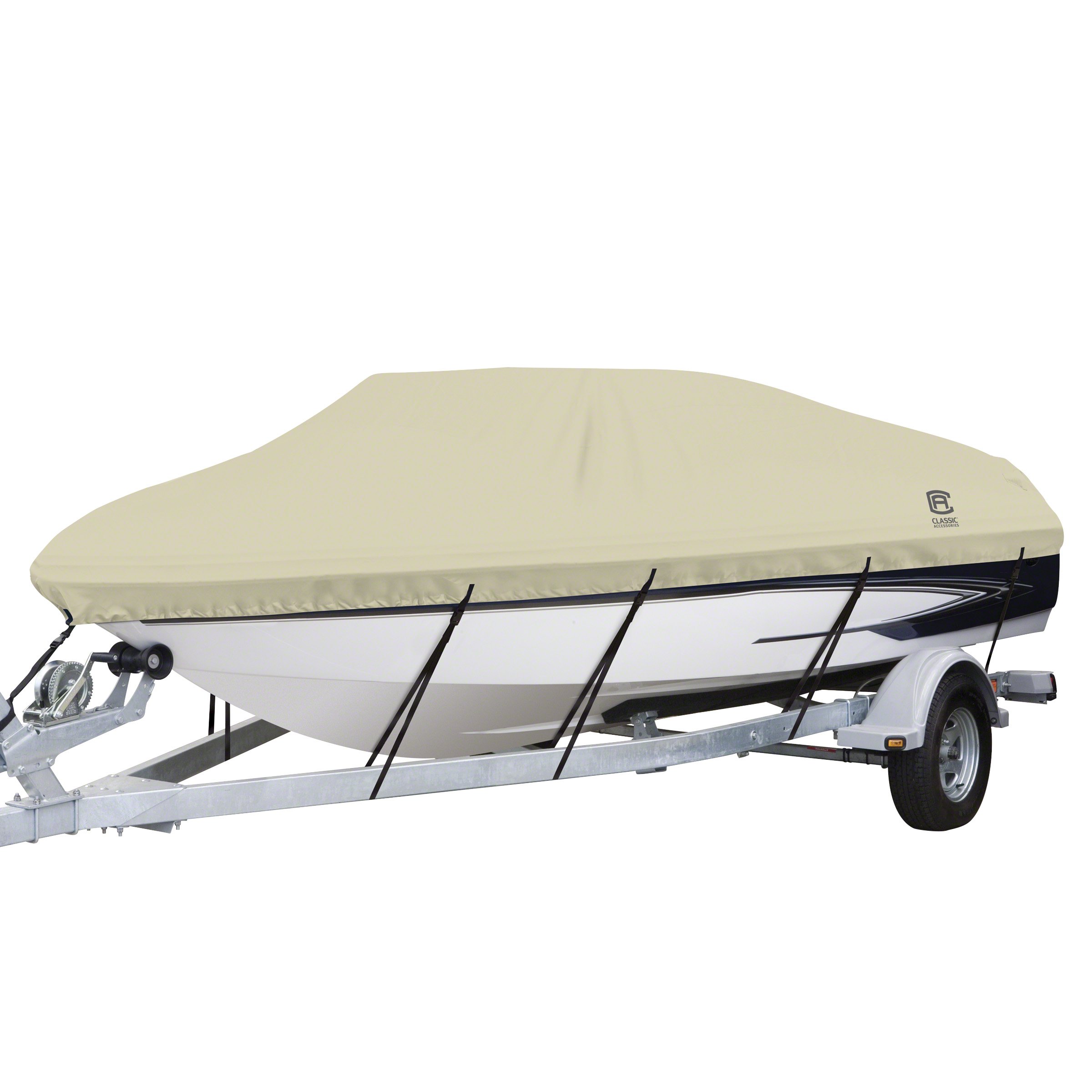 Classic Accessories DryGuard Waterproof Boat Cover, Fits Boats 20' - 22' L x 106" W, Trailerable Boat Cover with Bow, Windshield and Stern Reinforcement Panels, Model E