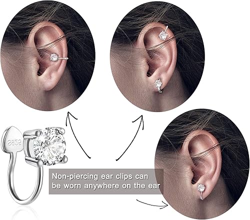 Miniatura 2 de Aretes de circonita cúbica Aretes de plata de ley, hipoalergénicos, sin perforación, aretes de clip de circonita cúbica, aretes redondos de cristal