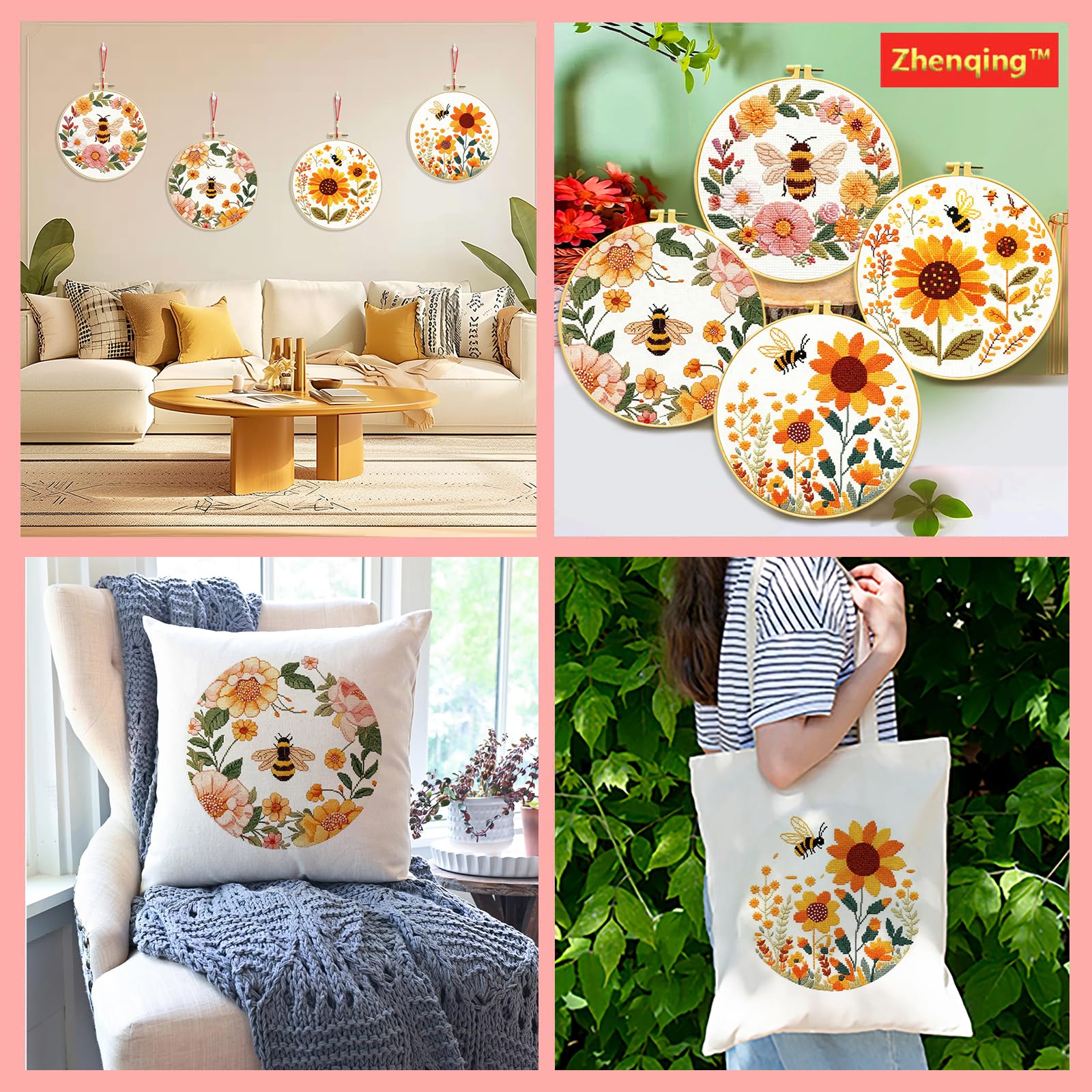 Beginner Cross Stitch Kit - Bee & Flower Designs -6