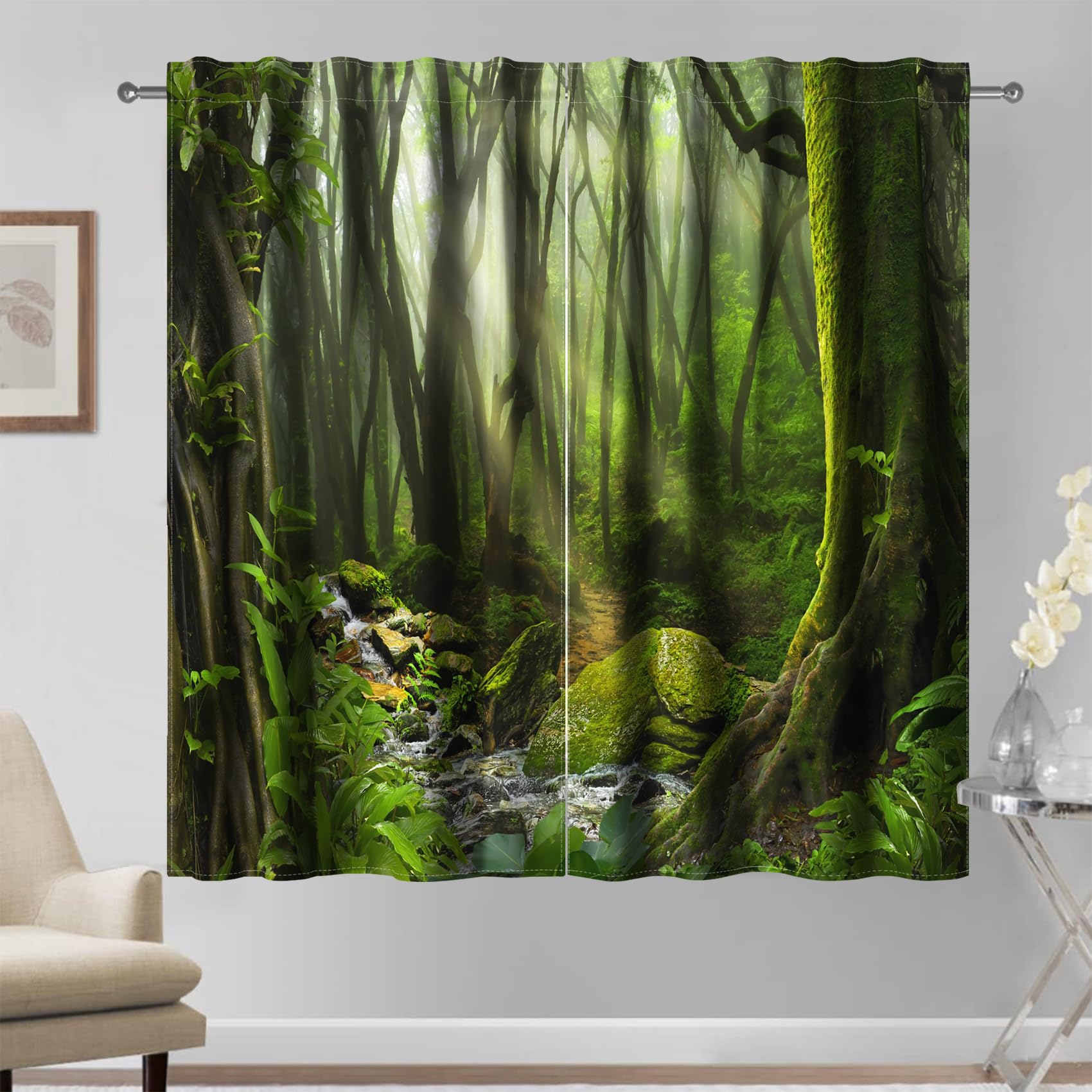 Kzzfqxb 135x229cm Forest Curtains Set of 2 Panels, Sunlight Green Forest Grasses Flowing Stream Mossy Stones Window Decor, Living Room Bedroom Drapes, Deep Sleep Block Light