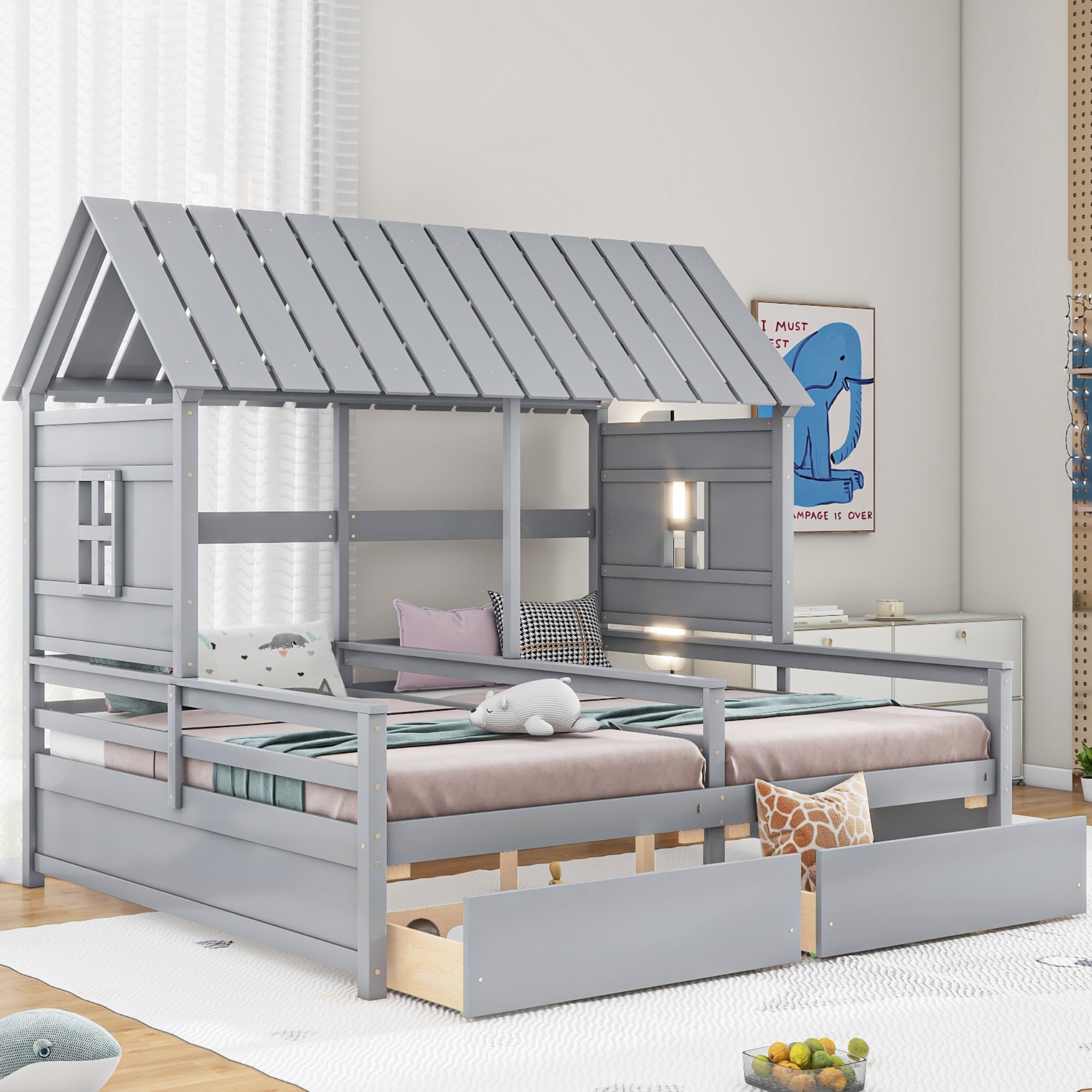 VeroFree Twin Size House Platform Beds with 2 Drawers for Kids, Side-by-Side Shared Bed for Boy & Girl, Gray Finish, Space-Saving Storage (1 Drawer Each)