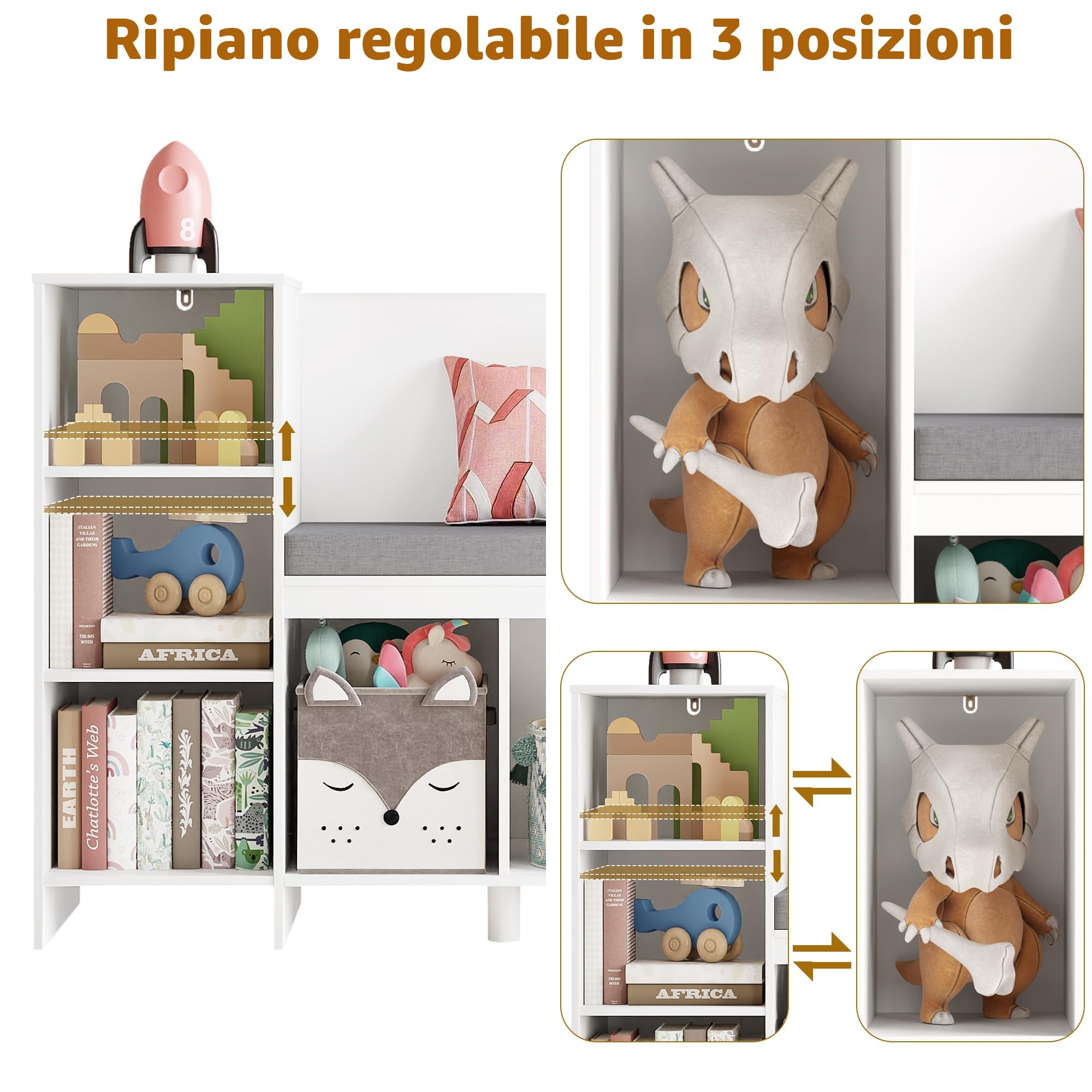HOCSOK 110 cm Libreria Panca, Scaffale Portagiochi bambini, libreria con cuscini, Scaffale per Cameretta, 80.5×40×110cm, Bianco