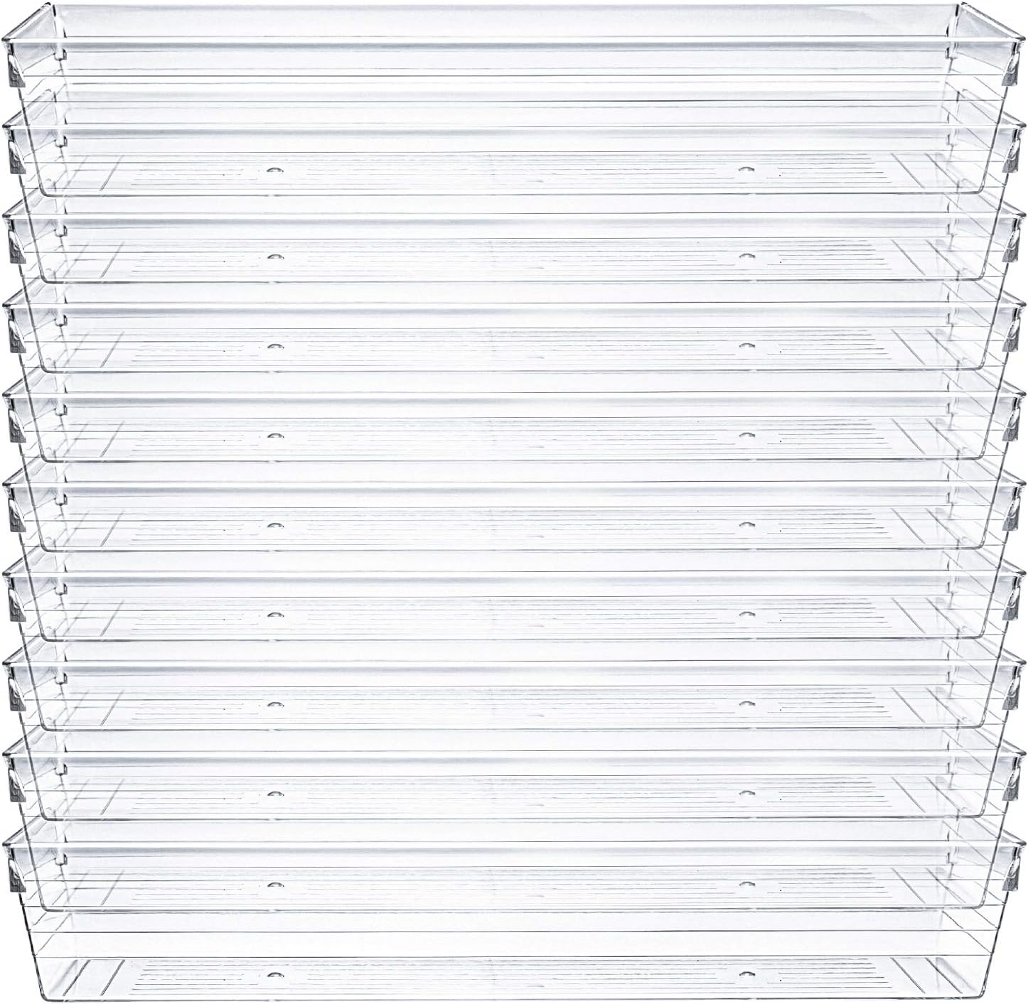 Kingrol 10 Pack 12 x 3 x 2 Inch Clear Drawer Organizer Trays, Desk Drawer Divider Storage Bins, Storage Box Set for Kitchen Bathroom Office Supplies