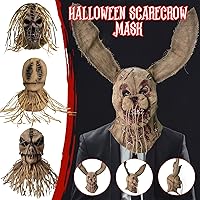Vista 5 de Máscara de conejo de espantapájaros, máscara de saco de arpillera de conejo aterrador, máscara de payaso diablo de Halloween, casco de látex