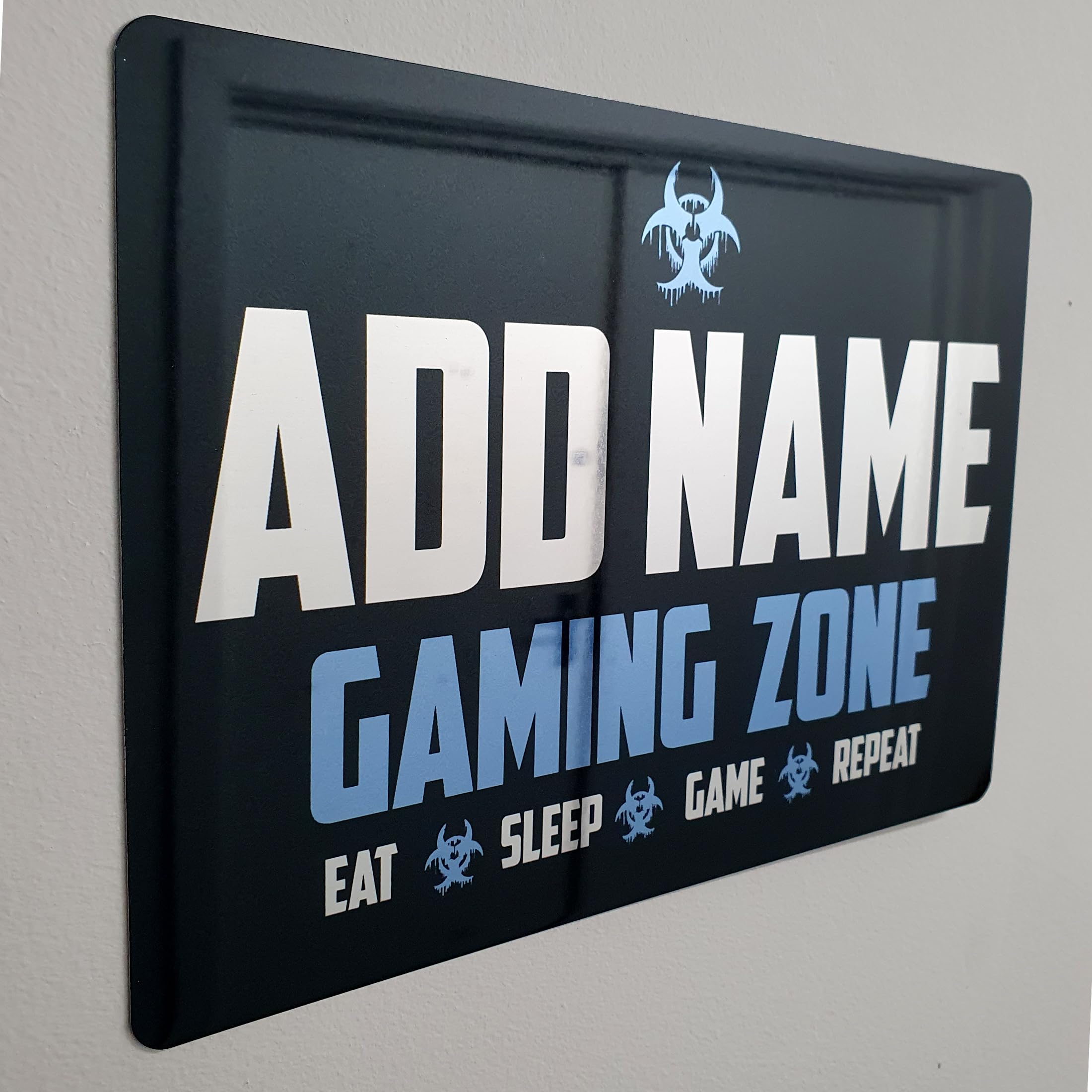 Shopquality4u Gaming Zone Caution D4 Blue Personalised Game Metal Mirror Gamer Sign - Customised Printed Wall Art Plaque A4 Gaming Zone Caution Blue