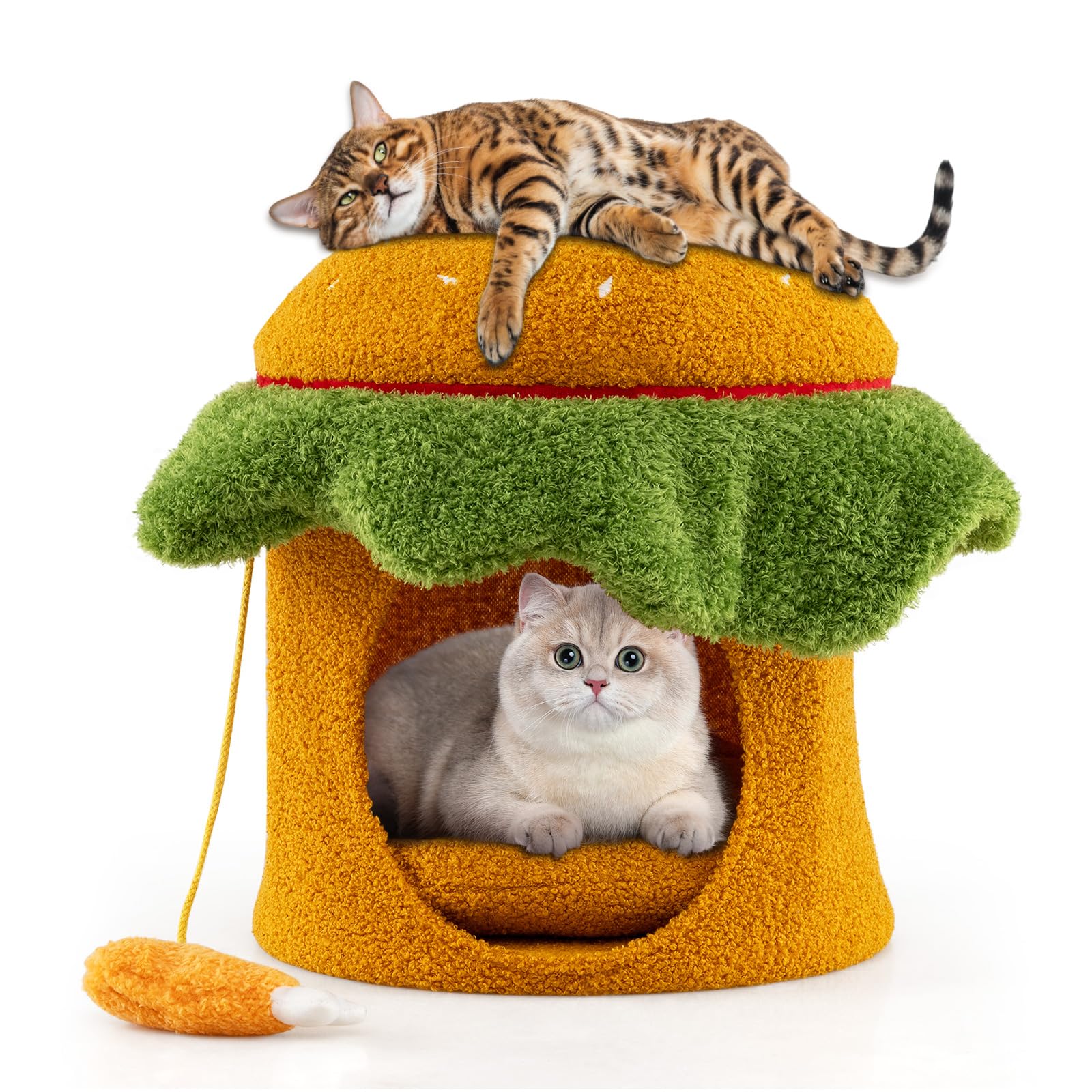 COSTWAY Cama para Gatos para Interior, Casa para Gatos en Forma de Hamburguesa con Percha Acolchada, Juguete Colgante de Peluche, Cojín Desmontable y Lavable, 37x37x41 cm, Cueva para Gato
