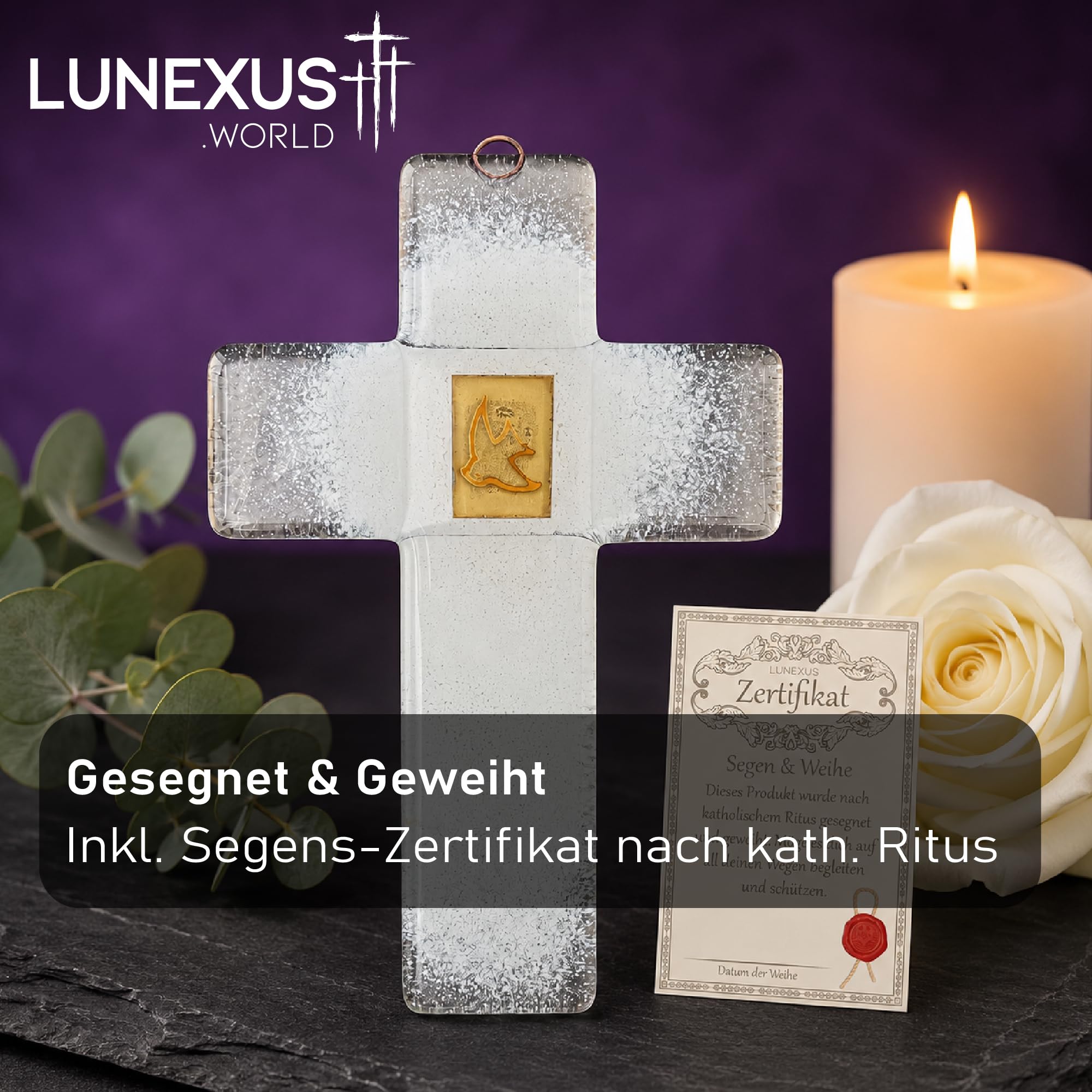 Lunexus Szklany krzyż 21 cm szklany krzyż ścienny z gołębem, prezent na chrzest, krzyż, na komunię, bierzmowanie, krzyż religijny, ręcznie wykonany, dekoracyjny krzyż katolicki, prezent dla