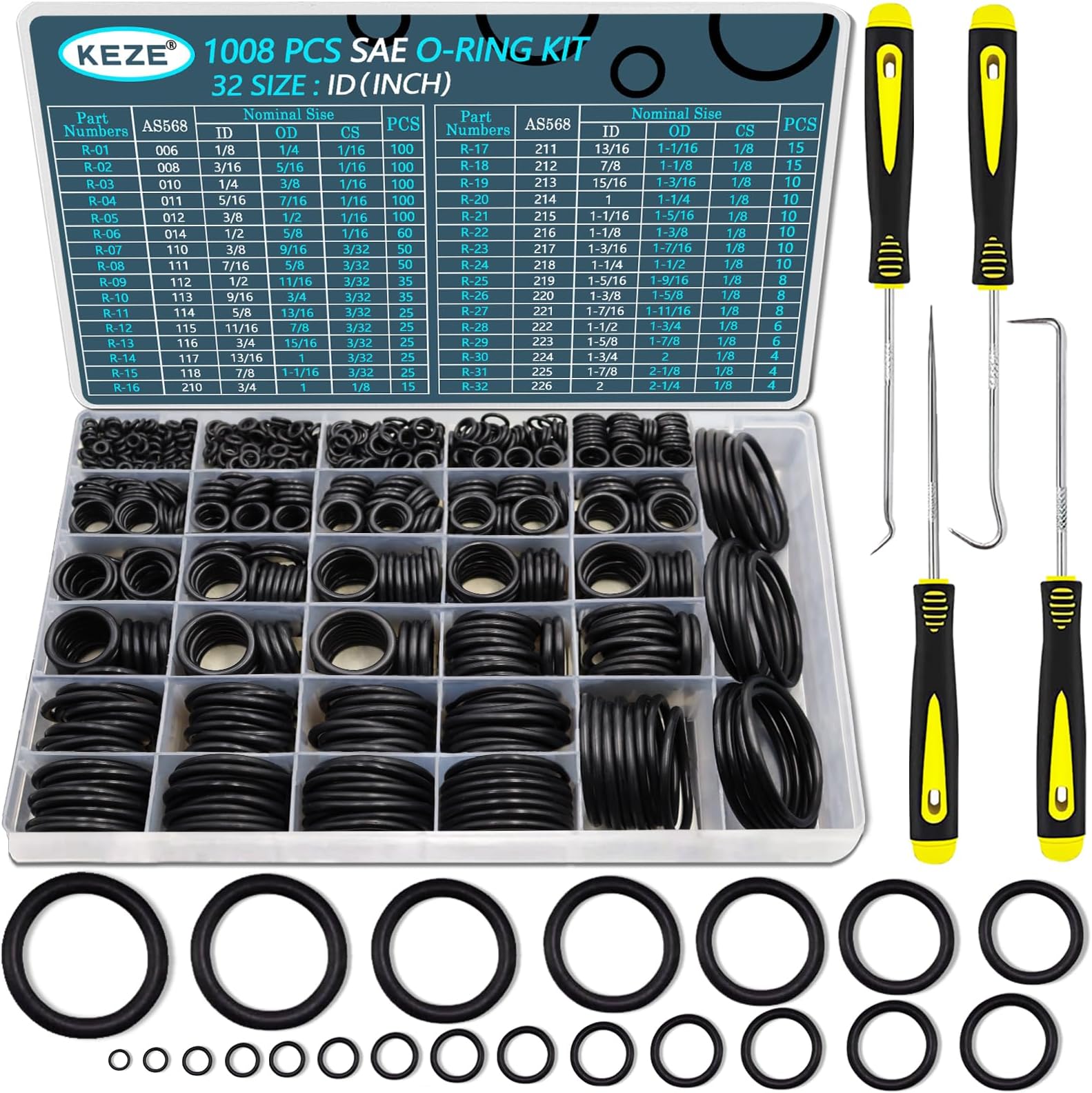 KEZE 1008 Pcs SAE O Ring Kit,32 Sizes USA Standard Nitrile 70A Rubber Seals Inch O Rings Set with 4 Pieces O Rings Remover Tools for Faucet Automotive Hydraulic Plumbing AS568:006-226