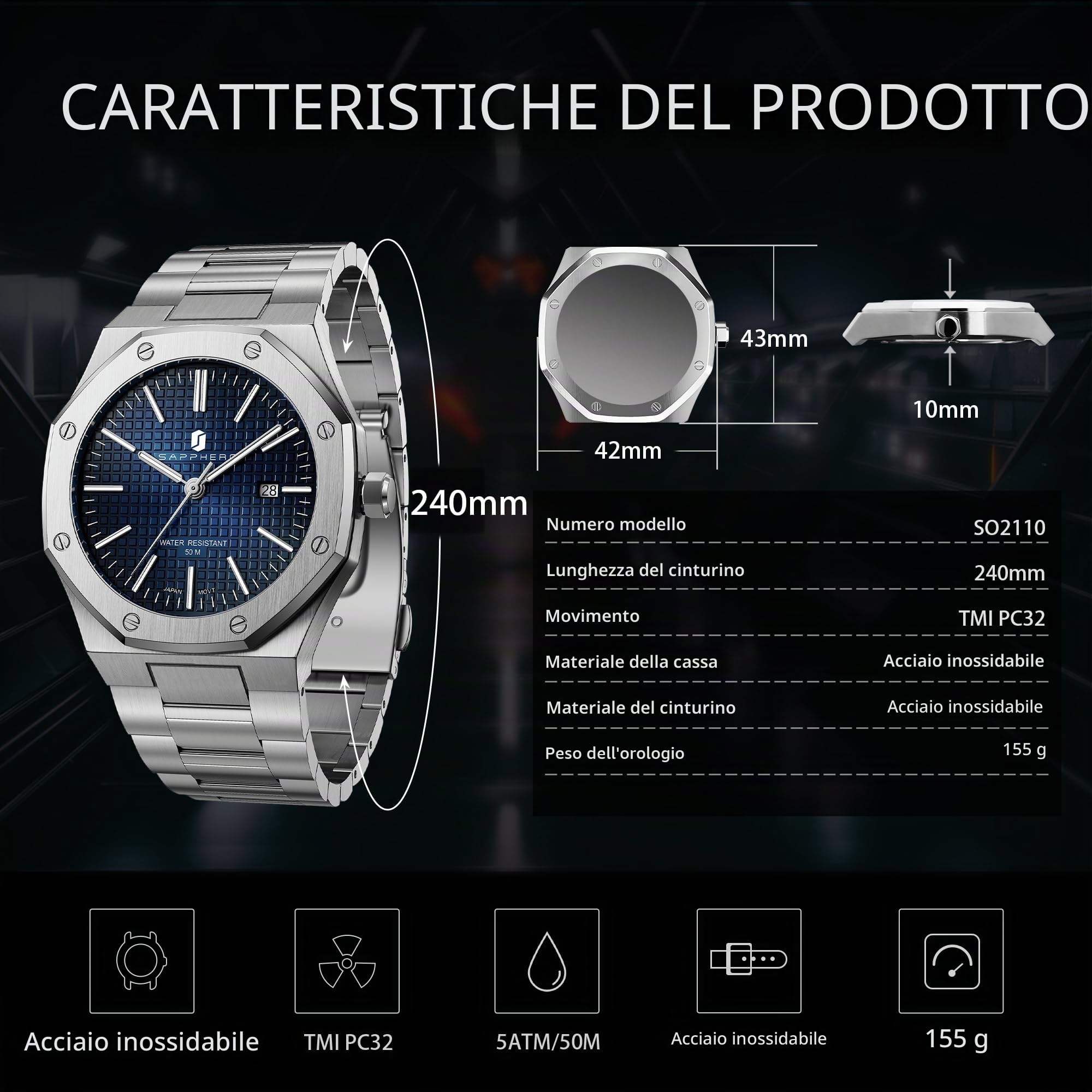 SAPPHERO Orologio Uomo Impermeabile 50M Al Quarzo Argento Cinturino Acciaio Inox Data Calendario Nero Blu Uomini Orologi Regali da Polso per gli Uomini