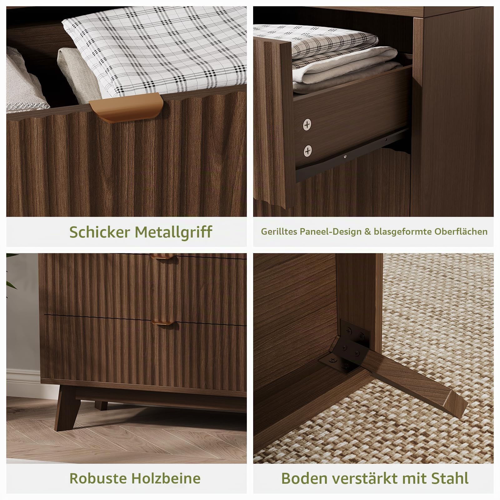 GarveeHome 3-Schubladen-Kommode, Geriffelte Dunkelbraun Holz-Optik, Moderner Mid-Century Stil, Robuster Holzwerkstoff, Für Schlafzimmer & Wohnzimmer, Größe 80 x 40 x 78 cm
