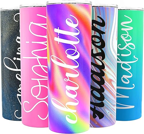 Vaso delgado personalizado con tapa a prueba de fugas, 20 onzas, diferentes opciones de fondo y fuente, vaso personalizado con nombre, regalos de