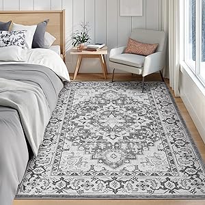 Lofus 3x5 Area Rugs for Living Room, Machine Washable Area Rug, Soft Small Rugs for Bedroom, Kitchen, Office and Indoor, Vintage Boho Carpet, Non-Slip Low Pile Carpets, Floral Grey