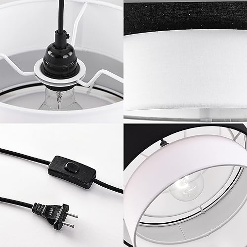 Miniatura 6 de GO&SO Lámpara colgante tejida de bambú hecha a mano de ratán de tres capas con pantalla de tela de alambre enchufable de 14.8 ft Adecuado para